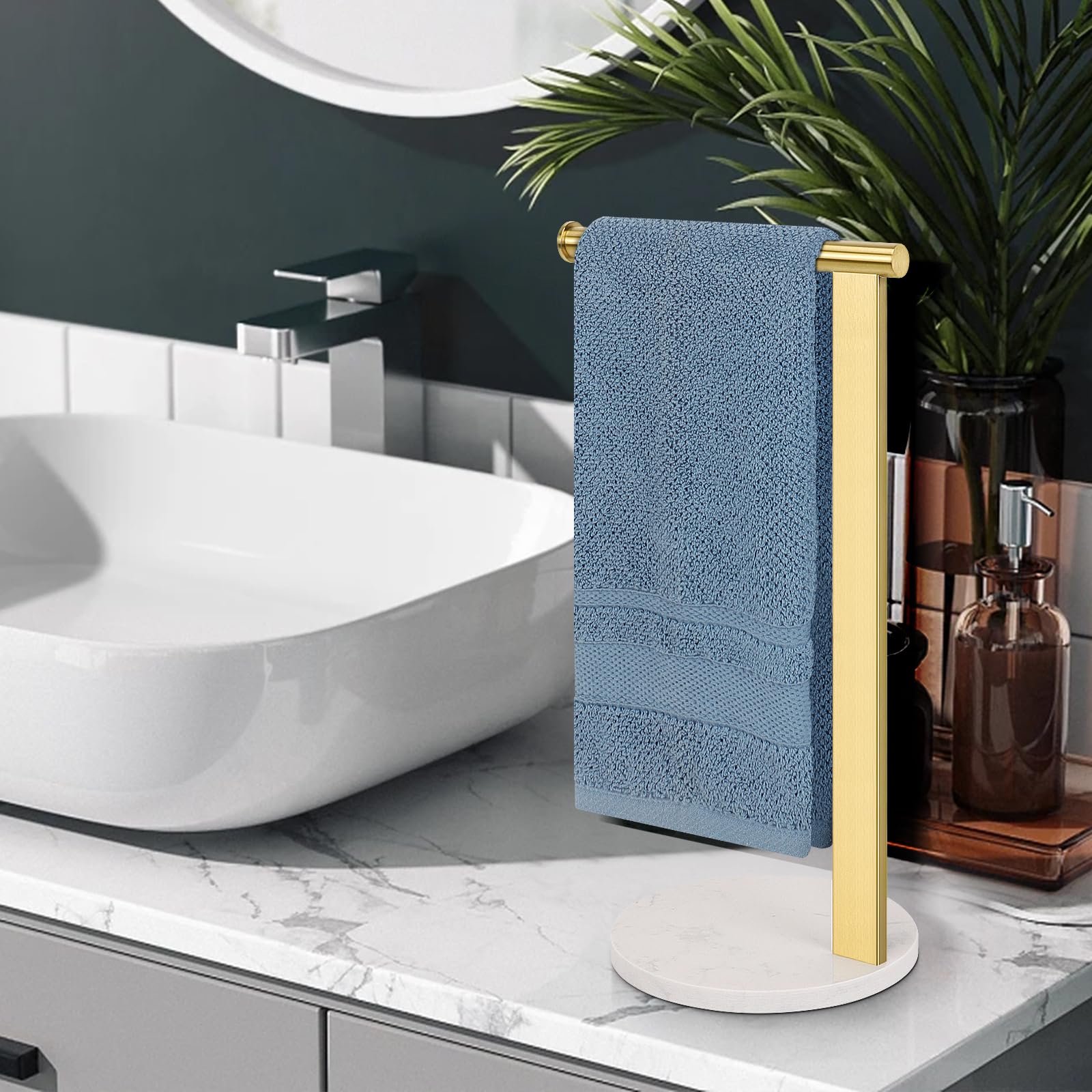 Winmien Stainless Steel L-Shaped Hand Towel Holder, SUS304 Bathroom Towel Rack with Thickened Base for Countertop Vanity (Gold)