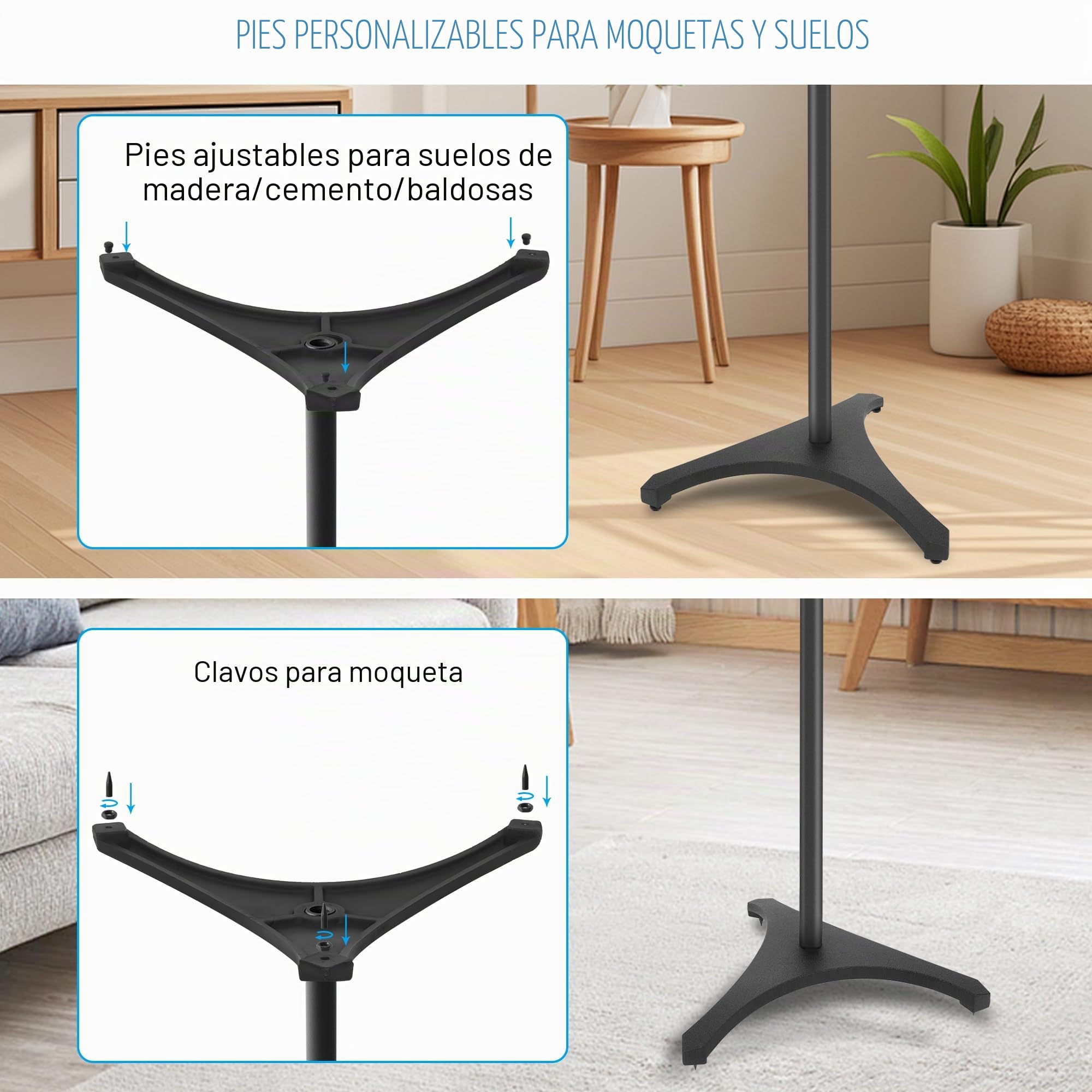 OUUTMEE - Juego de 2 soportes de altavoz ajustable en altura 86-127 cm | Patas de altavoces universales, soportes para altavoces en el suelo, base triangular, gestión de cables