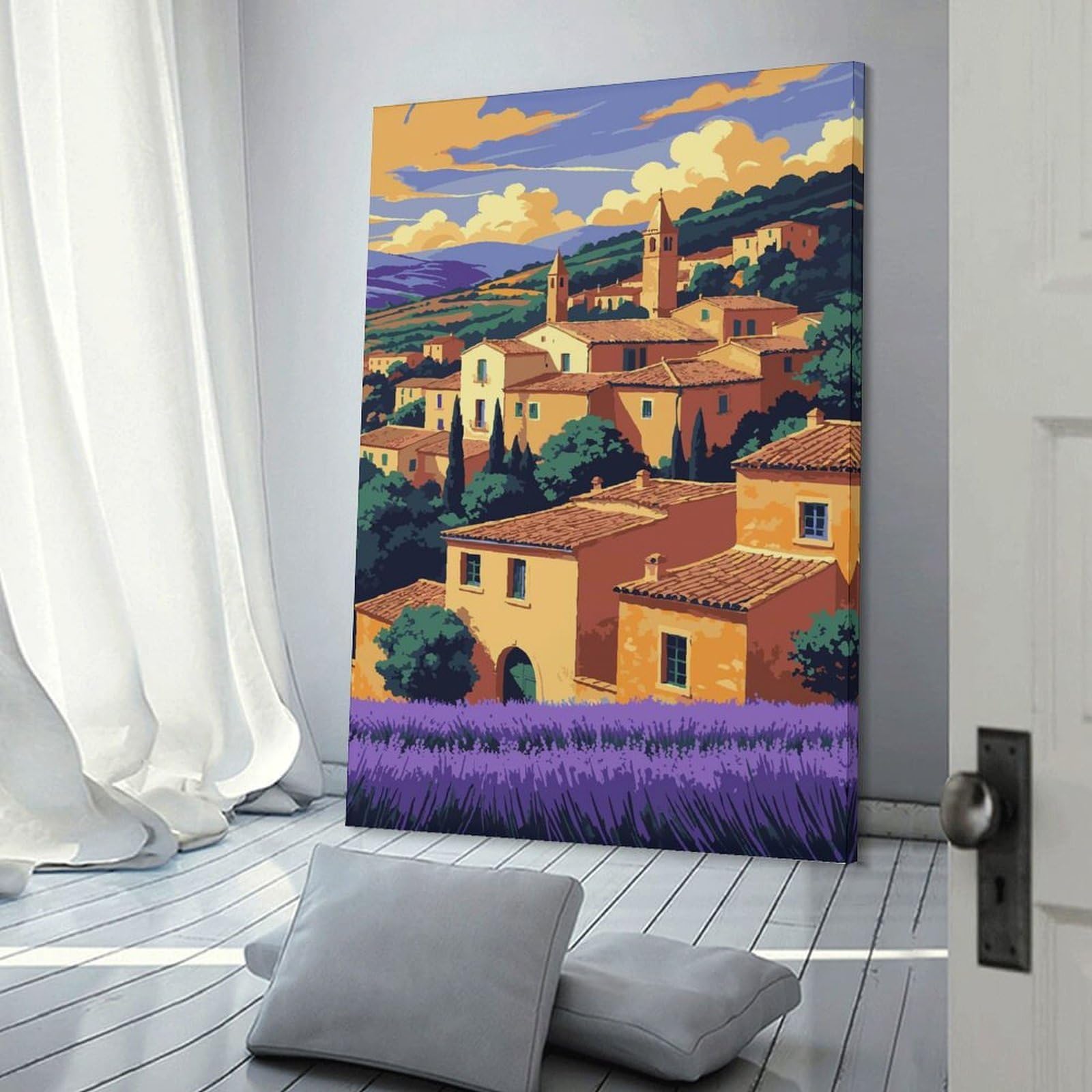 Junmoney Picturesque Village Landscape with Lavender Field Wall Art Print, 16x24inch(40x60cm), for Bedroom Decor, Cosy Corners Or Studios, Decorative Wall Art for Cosy Rooms