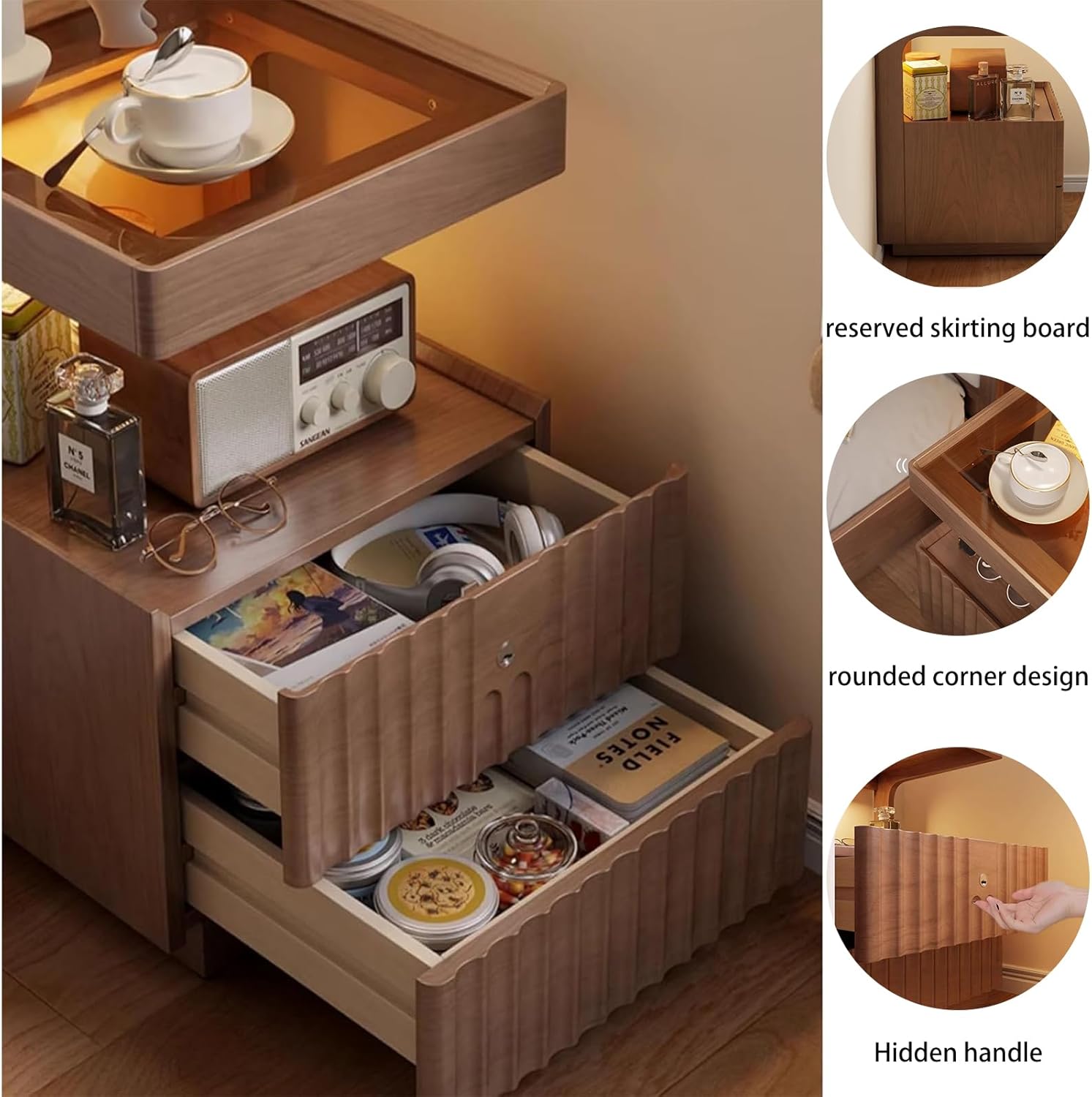 Solid Wood Nightstand, 2025 New Mid Century Modern Wooden Bedside Table for Bedroom, Bed End Side Table with LED Lights, Walnut (Walnut, Inches, 21.6, Inches, 21.6, Inches, 11.8)