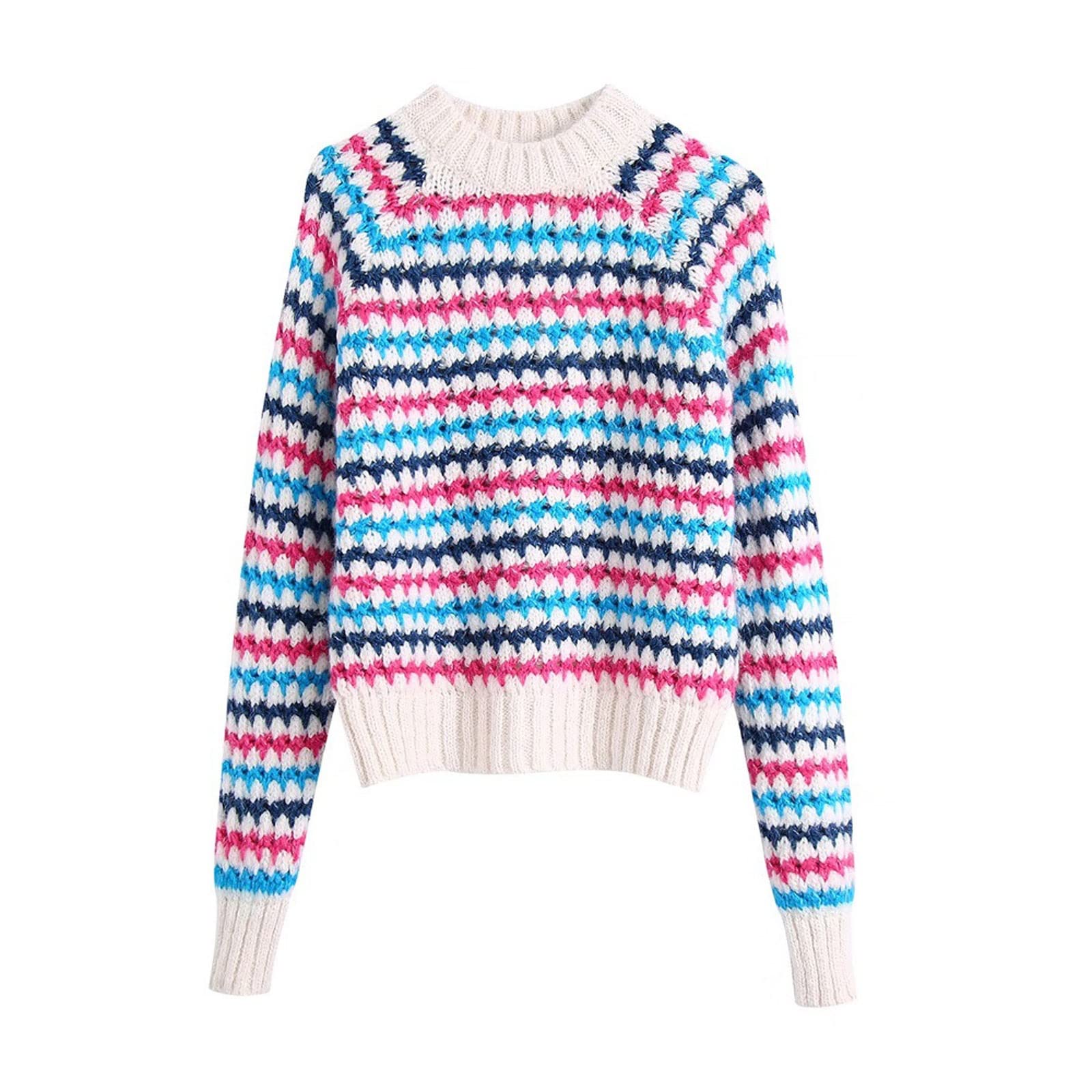 Damskie swetry damskie modne prążkowane wykończenia sweter z dzianiny w paski vintage okrągły dekolt z długim rękawem damskie swetry eleganckie topy, jak na obrazku, S