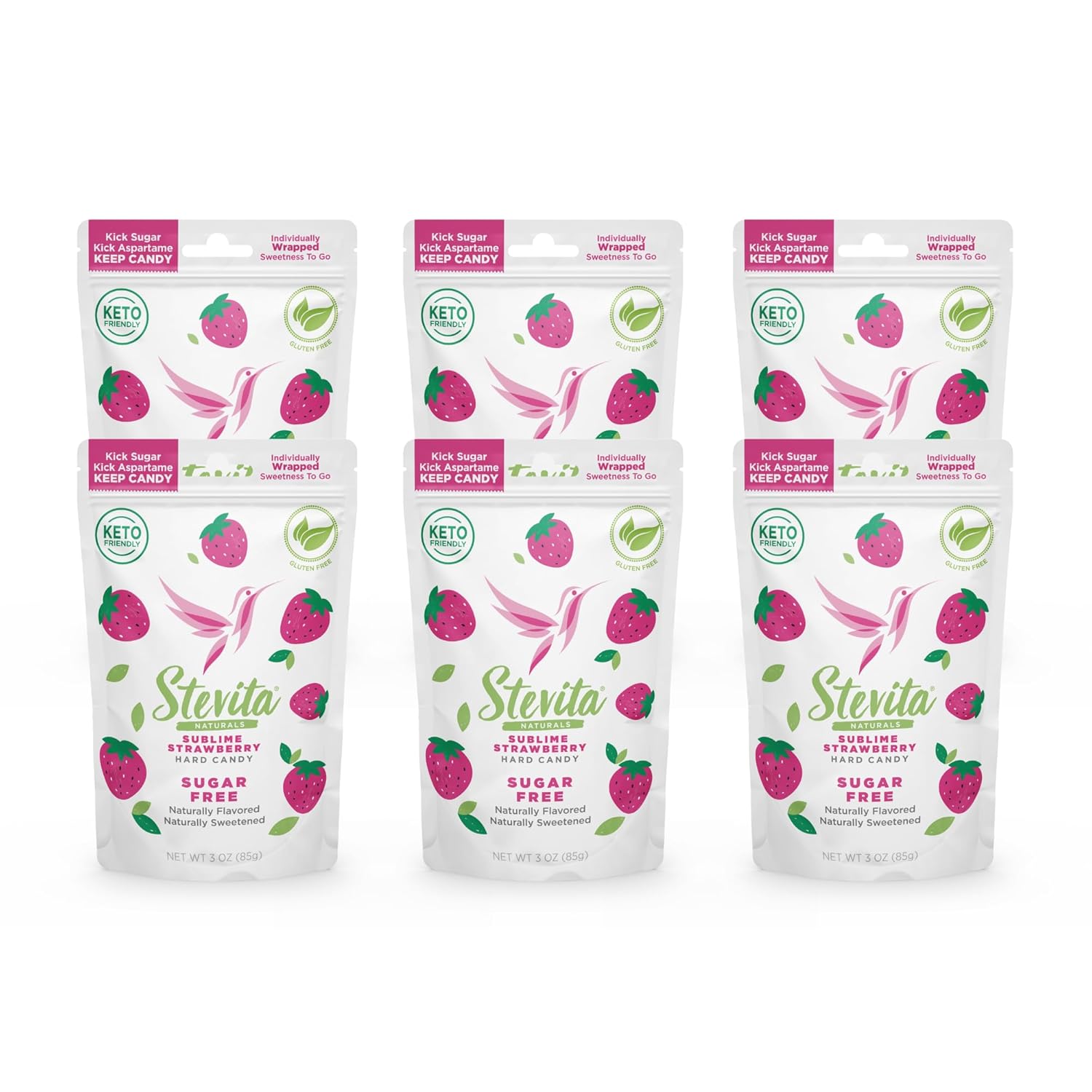 Stevita Hard Candy, Sublime Strawberry - Pack of 6 - Sugar & Aspartame Free - Naturally Flavored & Sweetened - Non-GMO, Gluten Free, Keto Friendly