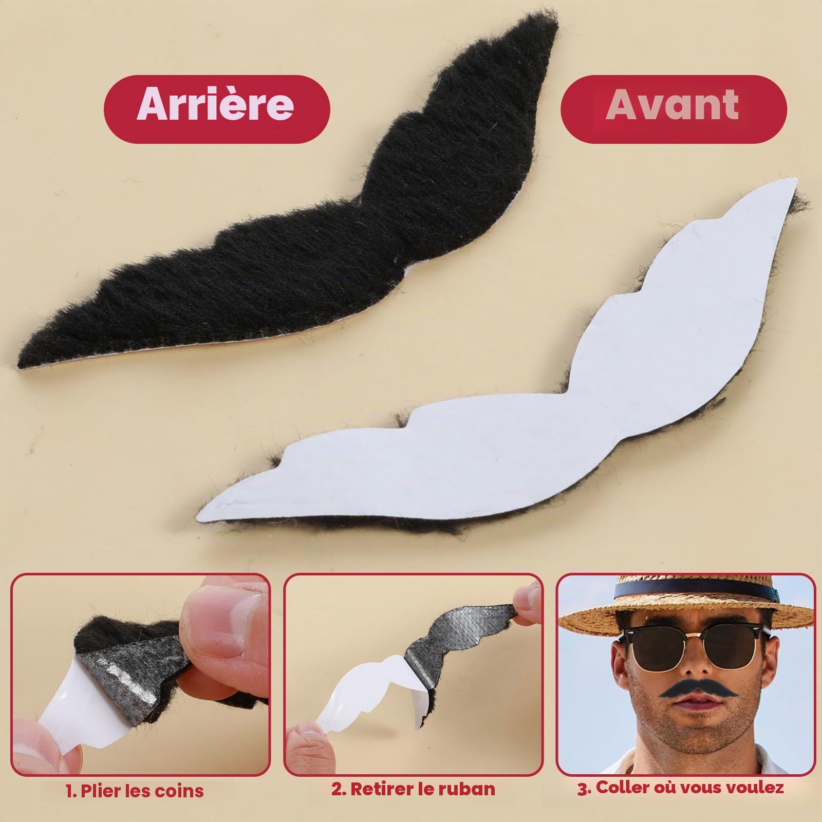 Lot de 96 moustaches auto-adhésives en vrac pour costume de barbe, Halloween, Noël
