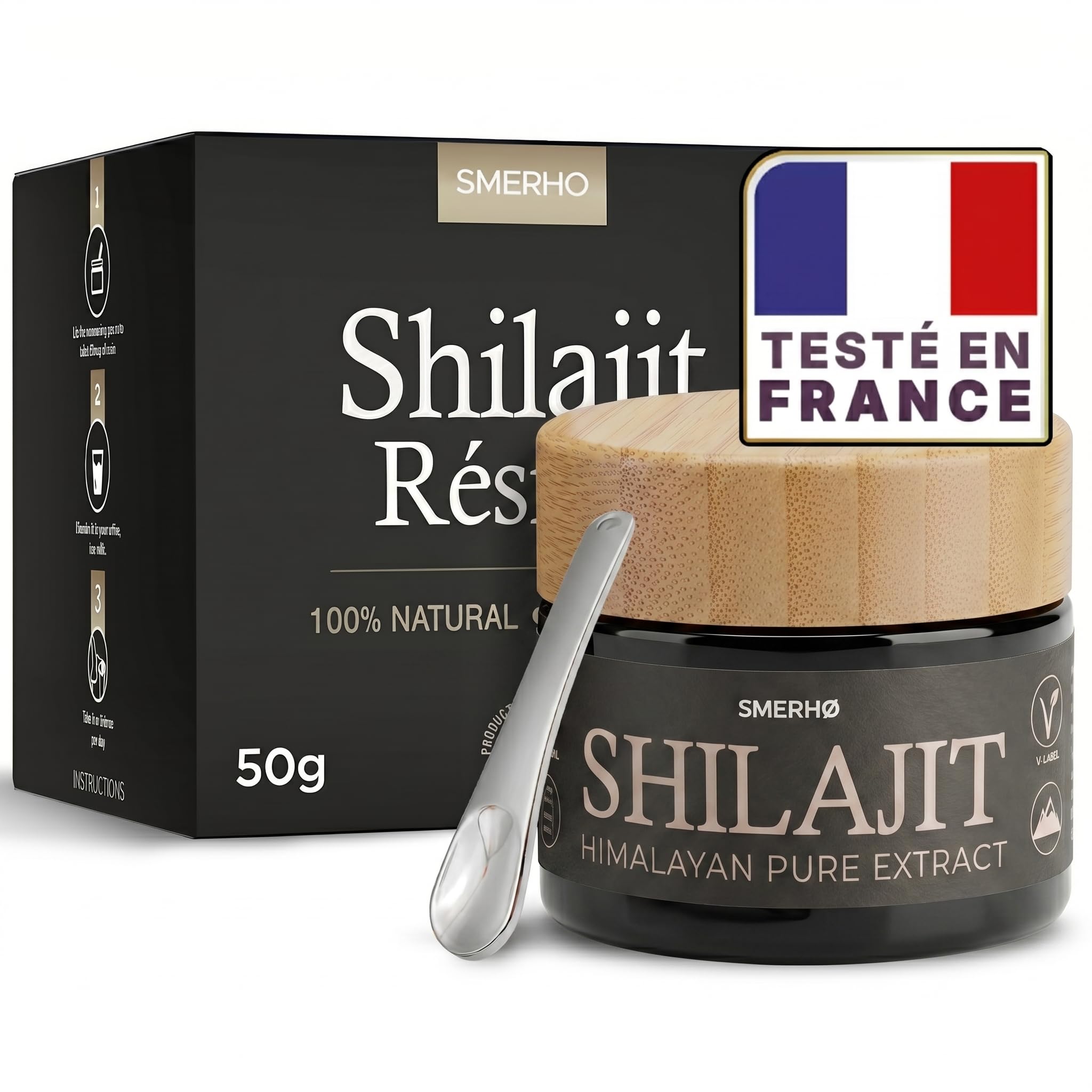 Résine de SHILAJIT PURE - SMERHØ | Shilajit Himalaya Bio EXTRA CONCENTRÉ | 50% Acide Fulvique Garanti | Shilajit Primal Premium 50g | Testé en FRANCE | Packaging Hermétique