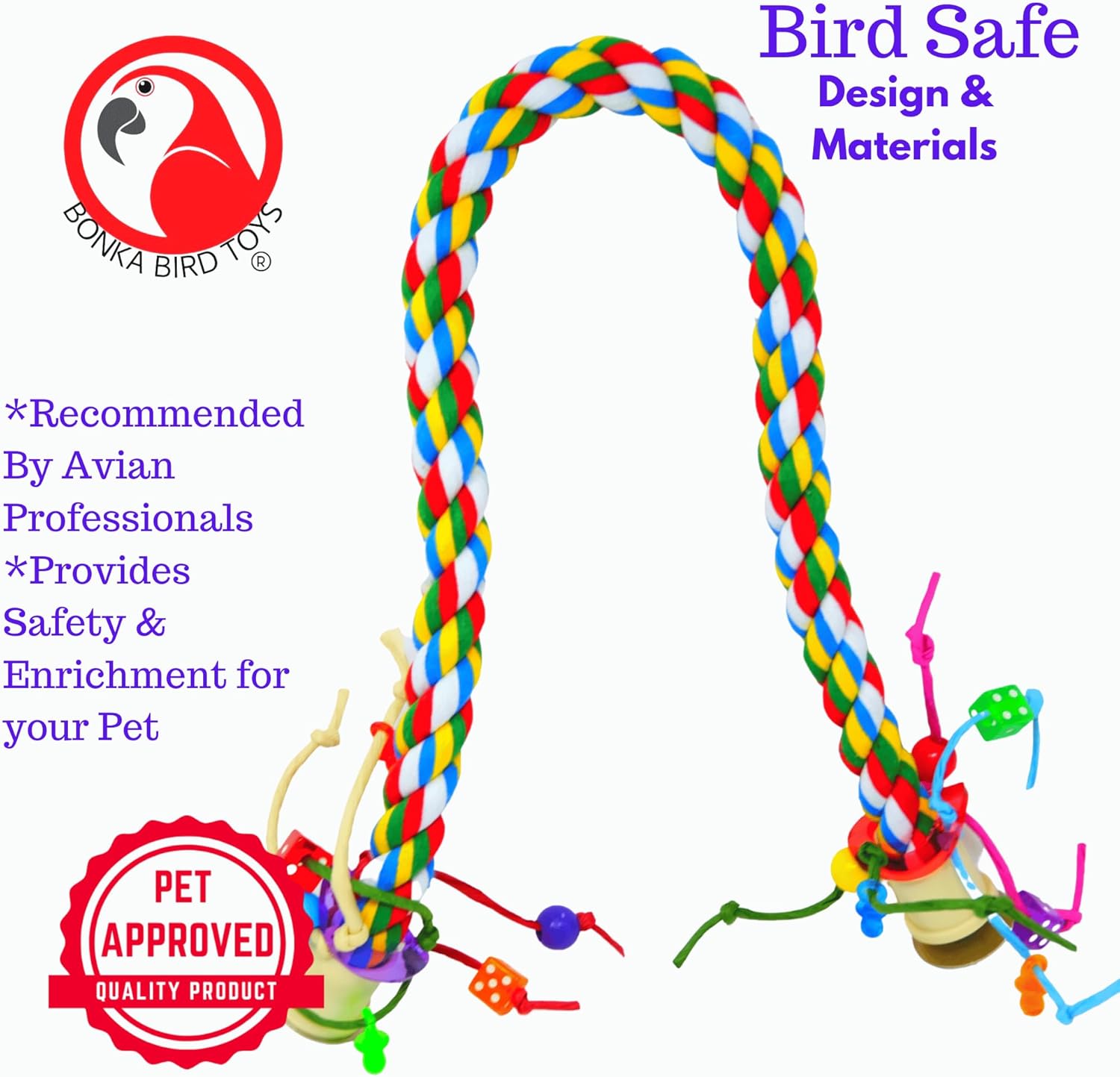 Bonka Bird Toys 1115 Large Rope Charm Perch (36" x 1") Parrot Bird Cage Toy, Conure, African Grey, Pionus, and Similar Sized Birds