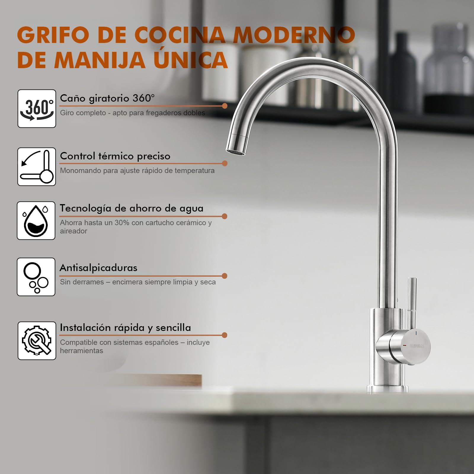 GRIFEMA Irismart G4008 Grifo de Cocina Alto con Caño Giratorio, Mezclador de Fregadero, Cold Start, Ahorro de Energía, Acero Inoxidable [Exclusivo en Amazon]