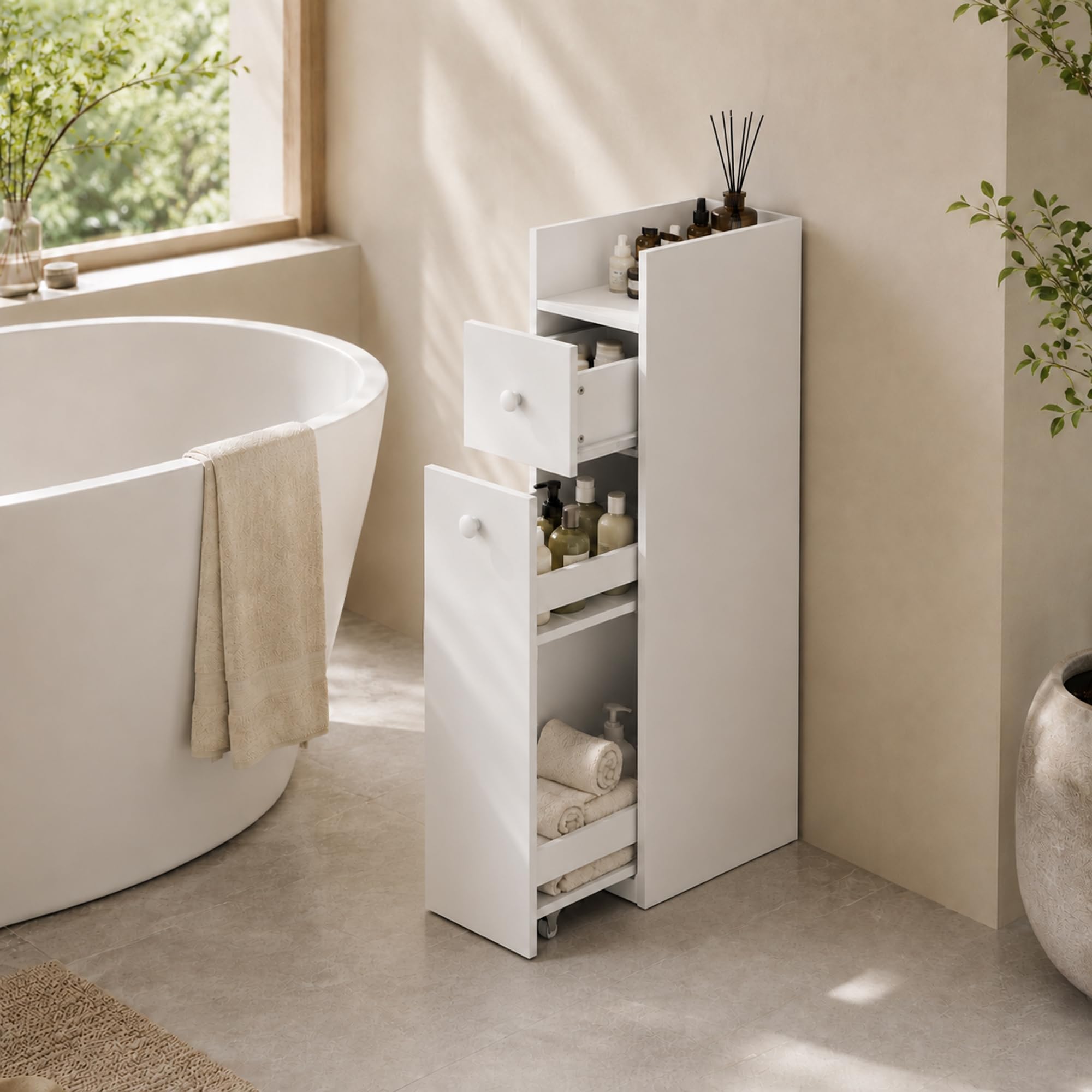 HOMCOM Mobiletto Bagno Salvaspazio con Ripiano Aperto e Cassetti, Bianco