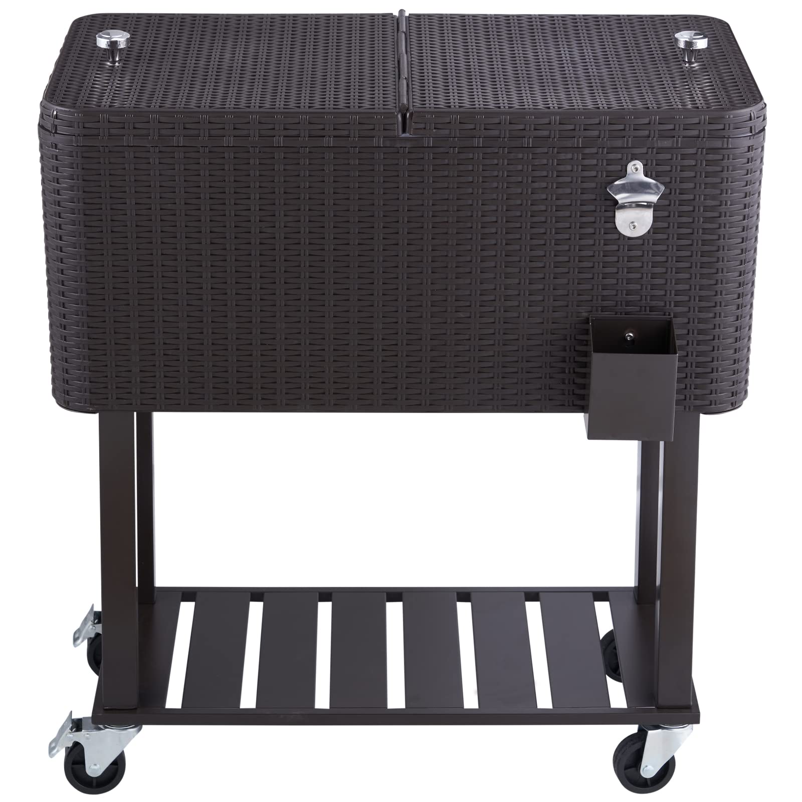 VEVOR Carrello Mobile Bar Frigo per Bevande Carrello Isotermico Superficie Resina Rattan Capienza 80QT Apribottiglie Scatola Raccoglie Tappi, Carrello per Bevande Contenitore per Ghiaccio Portabirre
