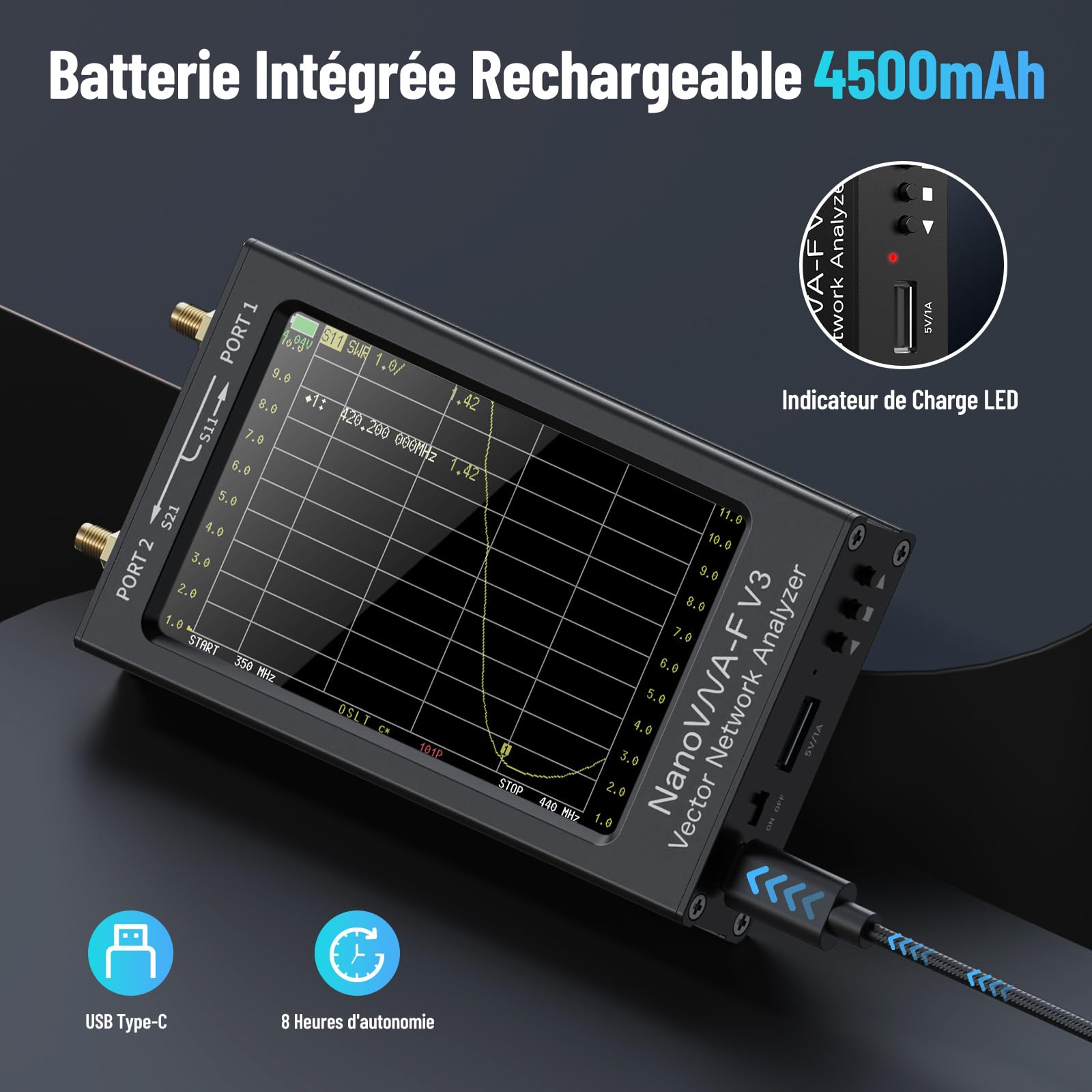 Seesii NanoVNA-F V3 Analyseur de Réseau Vectoriel, Analyseur d'antenne 4,3 Pouces 1MHz-6GHz HF VHF UHF VNA pour S-Paramètre, Phase, Retard, Diagramme de Smith