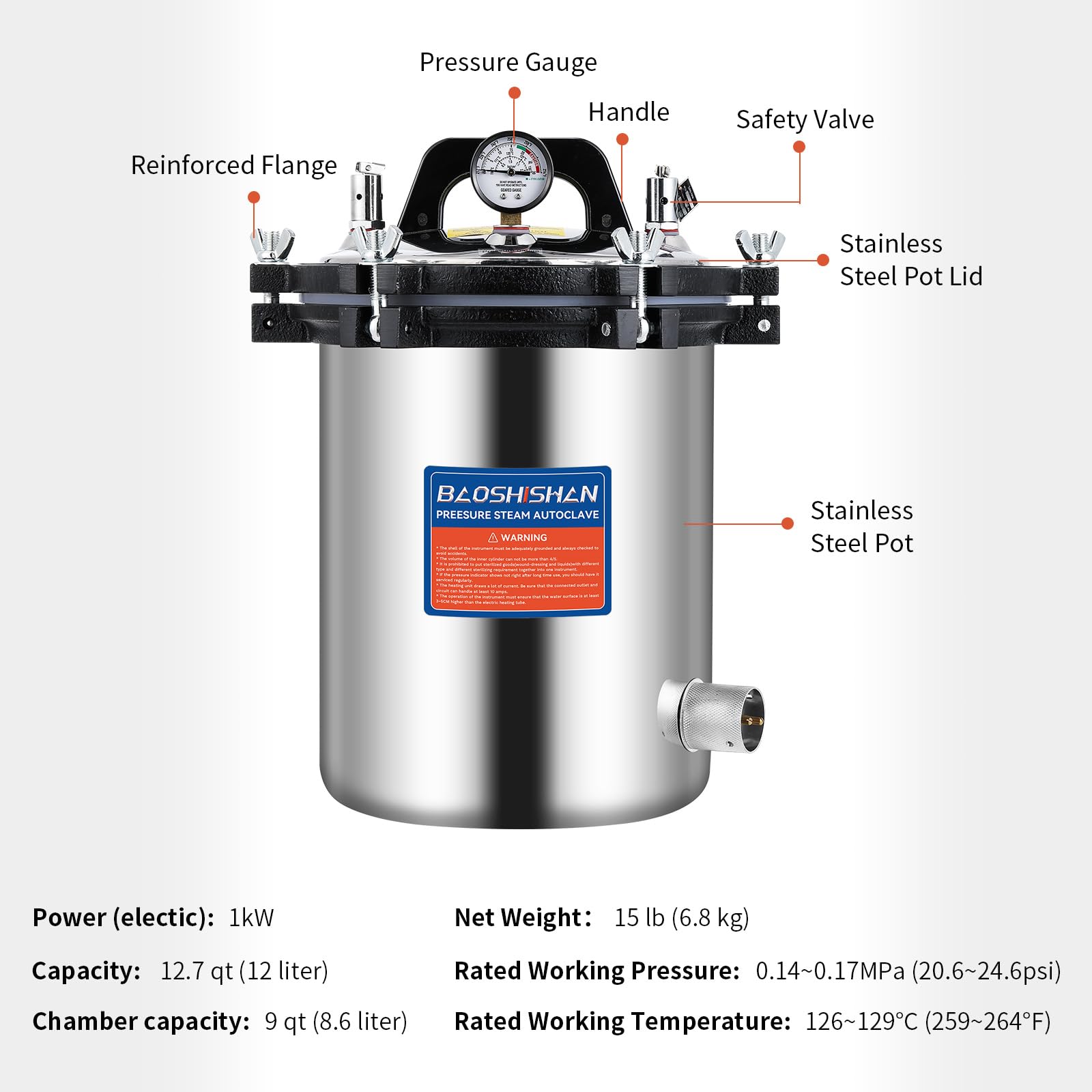 BAOSHISHAN Dampf-Autoklav, 12,7 QT, Edelstahl, tragbarer Druck-Autoklav, 1 kW, 110 V