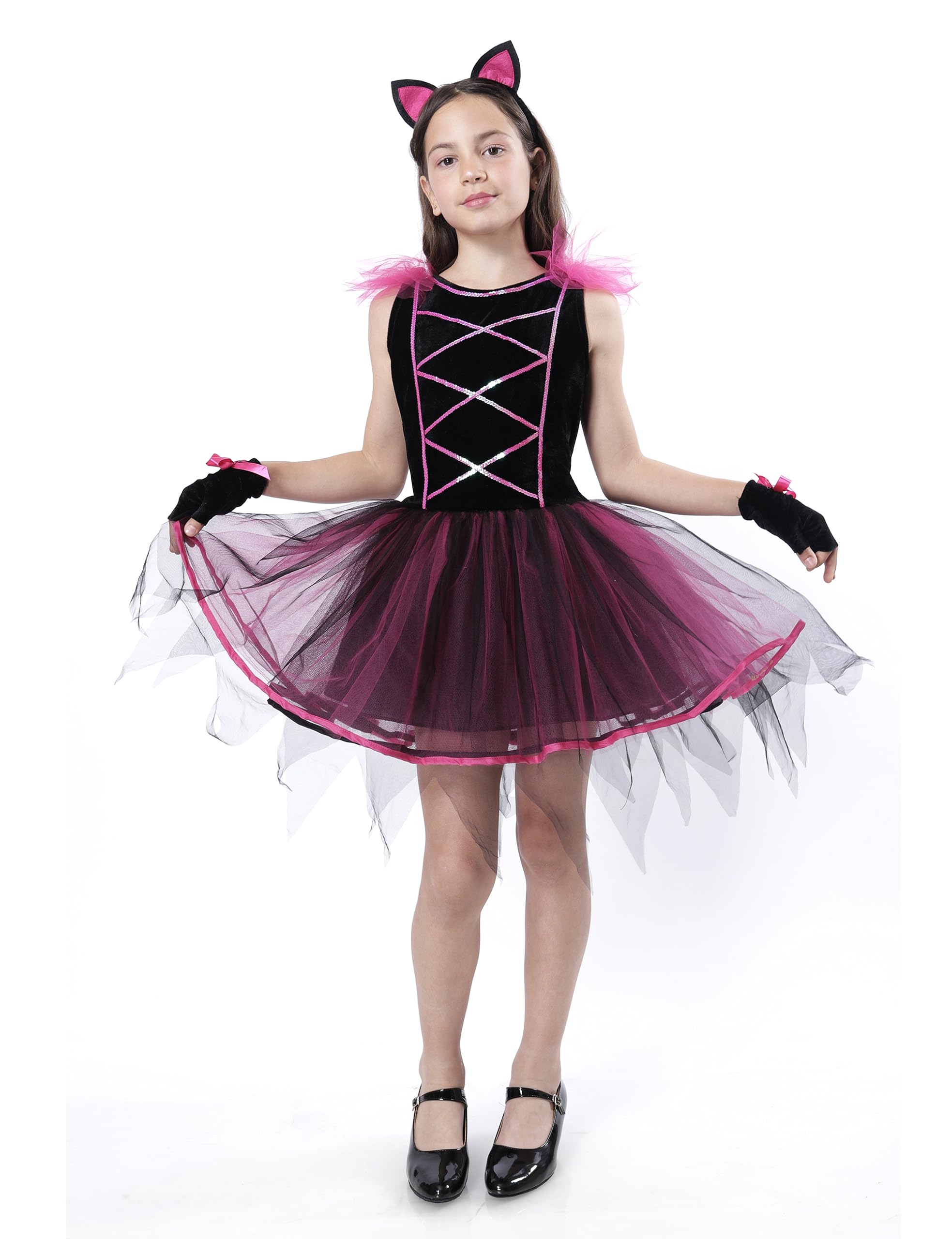Carnavalife Disfraz Gatita Gato, Catwoman Tutu para Niña Halloween Carnaval, Disfraz Halloween Niña, Vestido Tutu+Diadema+Guantes+Cola, Pink Kitty Cat 3-12 años