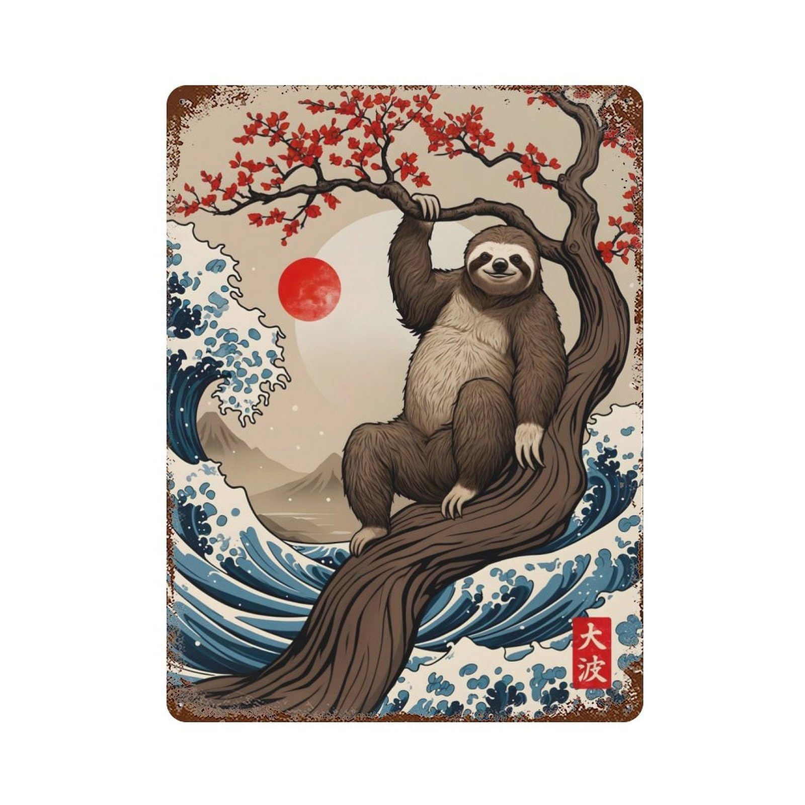 Sloth Great Wave Vintage Metal Tin Sign 15.7"x11.8", Farmhouse Wall Decor for Living Room, Hallway And Home Decor