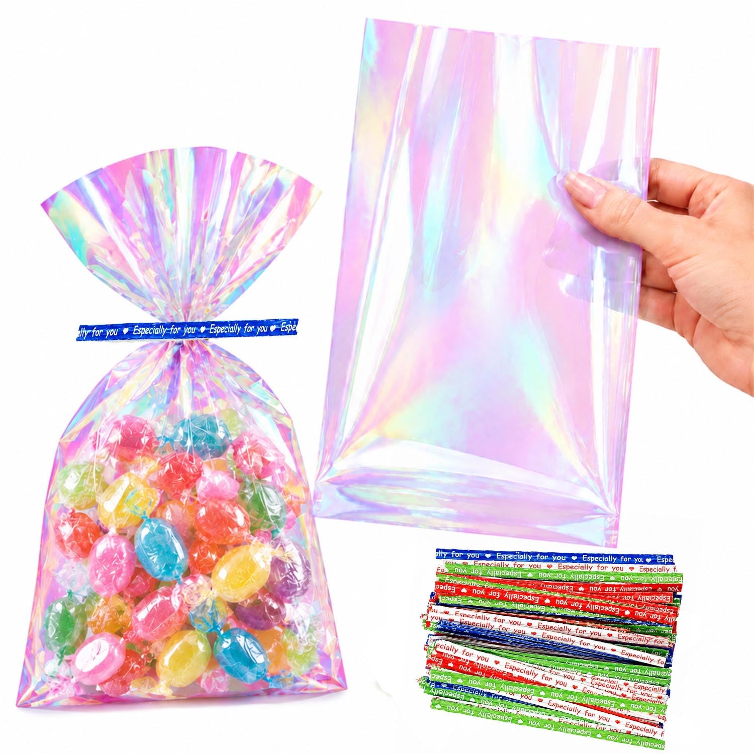 Iridescent Pink Gift Bags, 100 Pack, 15 x 23 cm (Approx. 6 x 9 Inch) Holographic OPP Sweet Bags with 100 Mixed Colour “Especially for You” Twist Ties for Sweets, Party Favours and Gifts