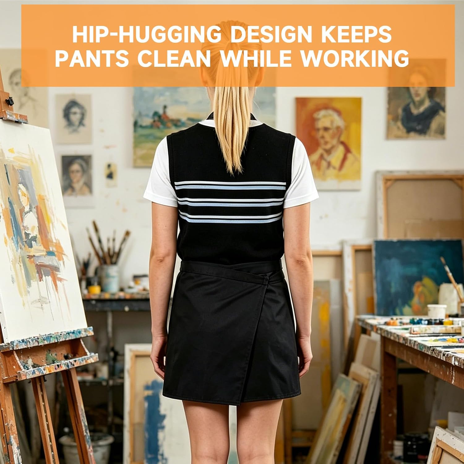 Adjustable Artist Apron with 9 Pockets for Women Men Black Canvas Painting Apron for Arts Craft Gardening