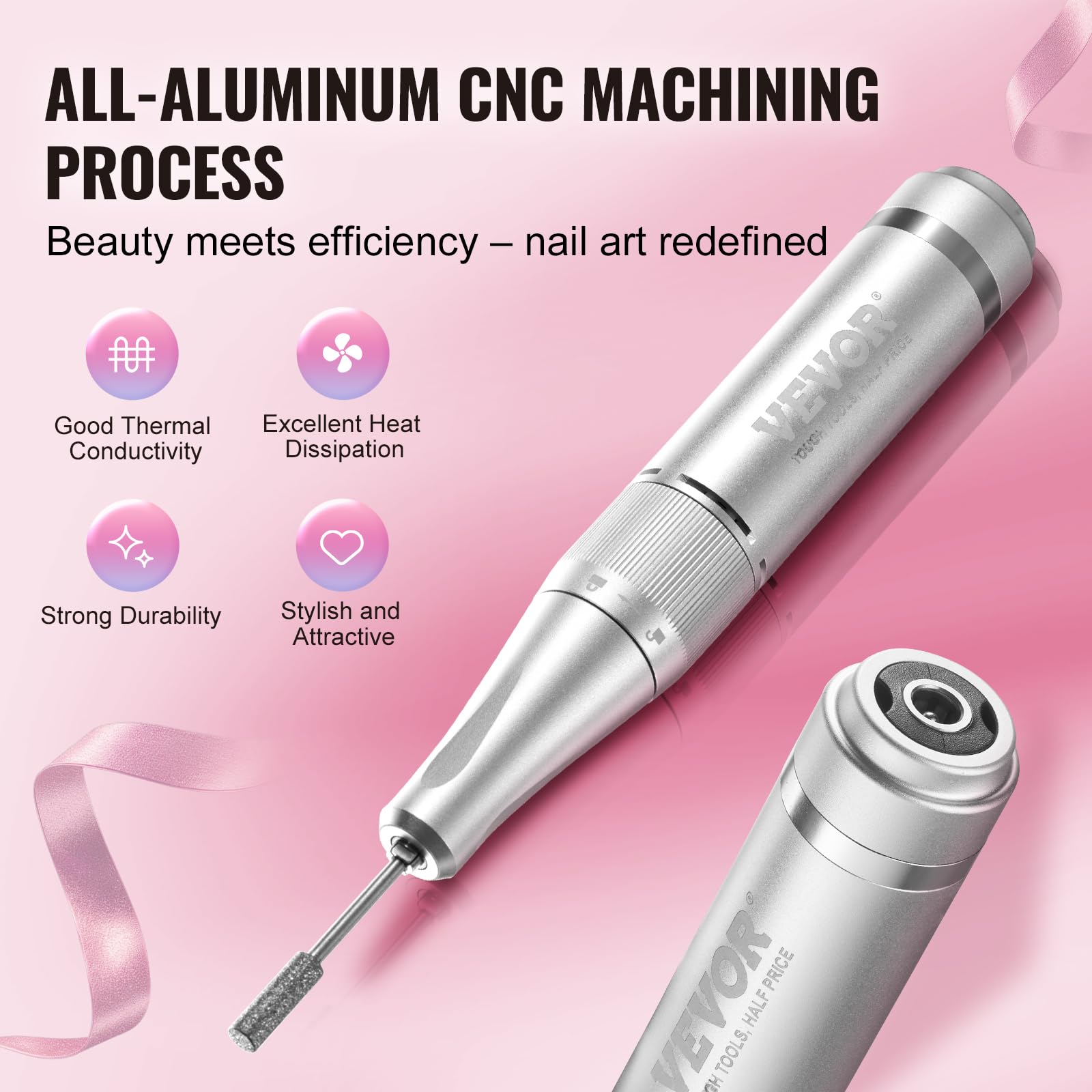 VEVOR Taladro de Uñas Eléctrico Recargable, Máquina de Lima de Uñas Inalámbrica Portátil de 40.000 RPM, Herramienta de Amoladora de Gel Acrílico para Manicura Pedicura Tallar Esmalte, 157 x 76 x 42 mm