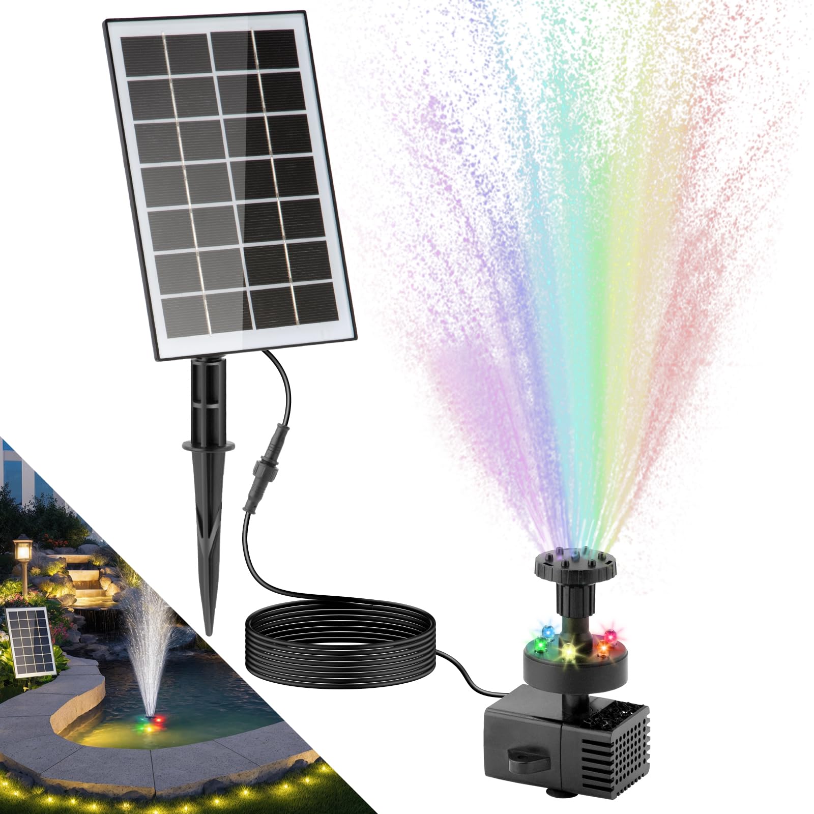 LESOLEIL Pompa solare fontana 2000 mAh 3,5 W 8 ugelli LED colorate