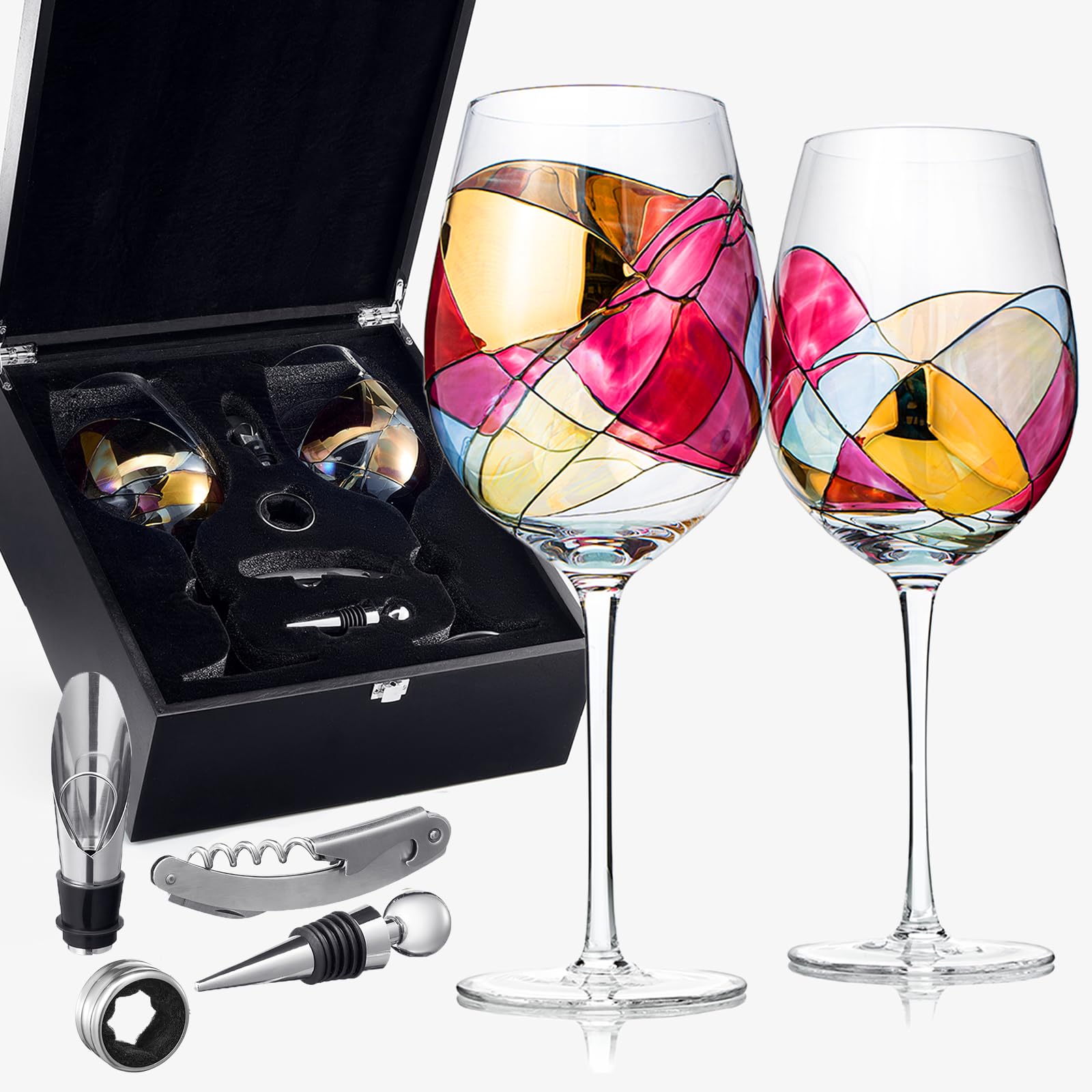 Artisanal Hand-Painted Stemmed Wine Glasses Set with Gift Box – Mother’s Day, Wife, Mom, Friends, or Girlfriend – Romantic Renaissance Stained Glass