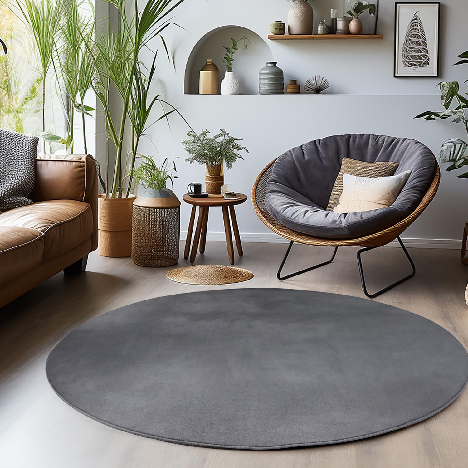 Einfarbiger Teppich Rund Wohnizmmer, Esszimmer, Schlafzimmer, Küchenteppich Waschbar Runder Teppich Beige Flauschig Kurzflor Carpet