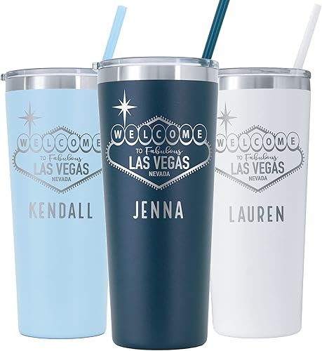 AVITO Vaso personalizado de Las Vegas, grabado con láser, aislado al vacío, acero inoxidable, vaso de 22 onzas con tapa y pajilla, regalo de viaje
