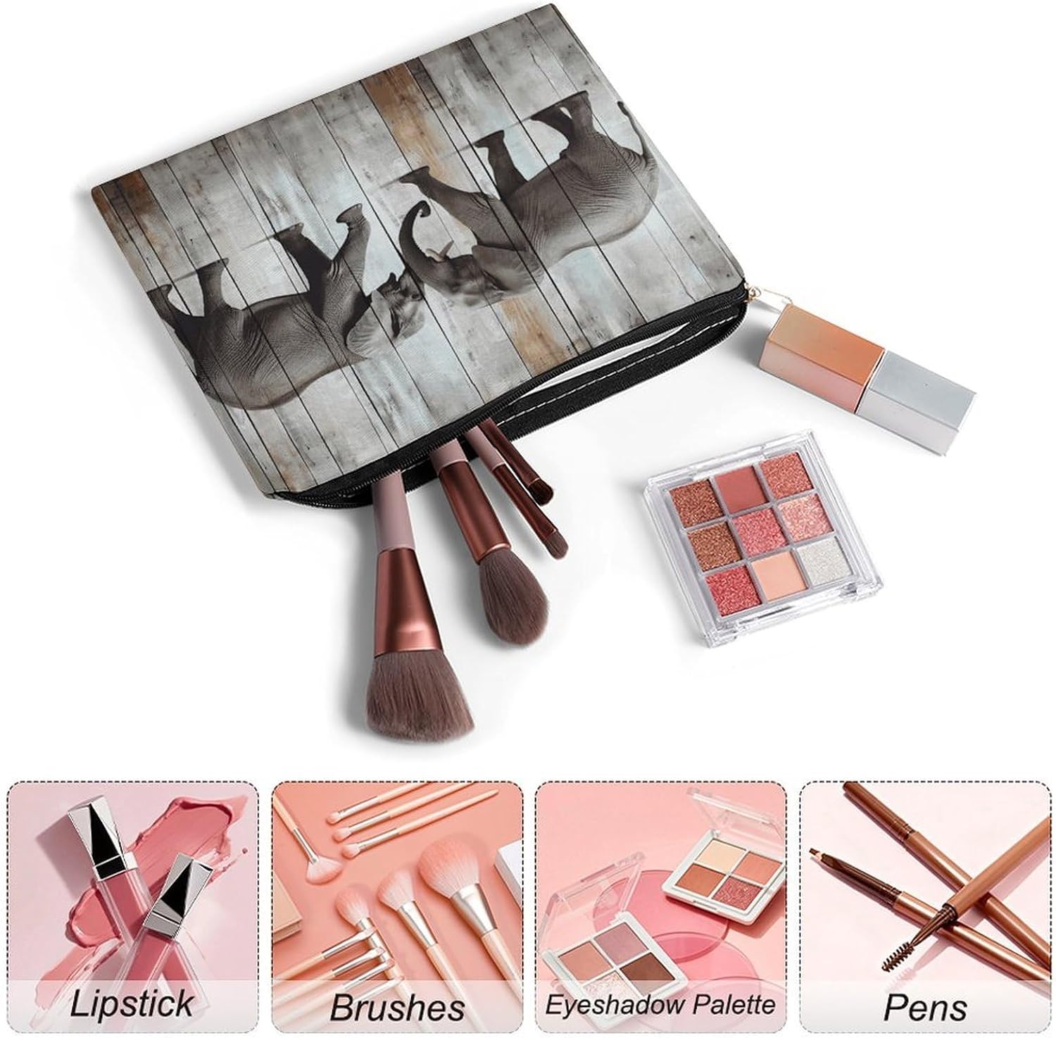 Elephant on Wood Makeup Bag Toiletry Bag Cosmetic Bag image 3