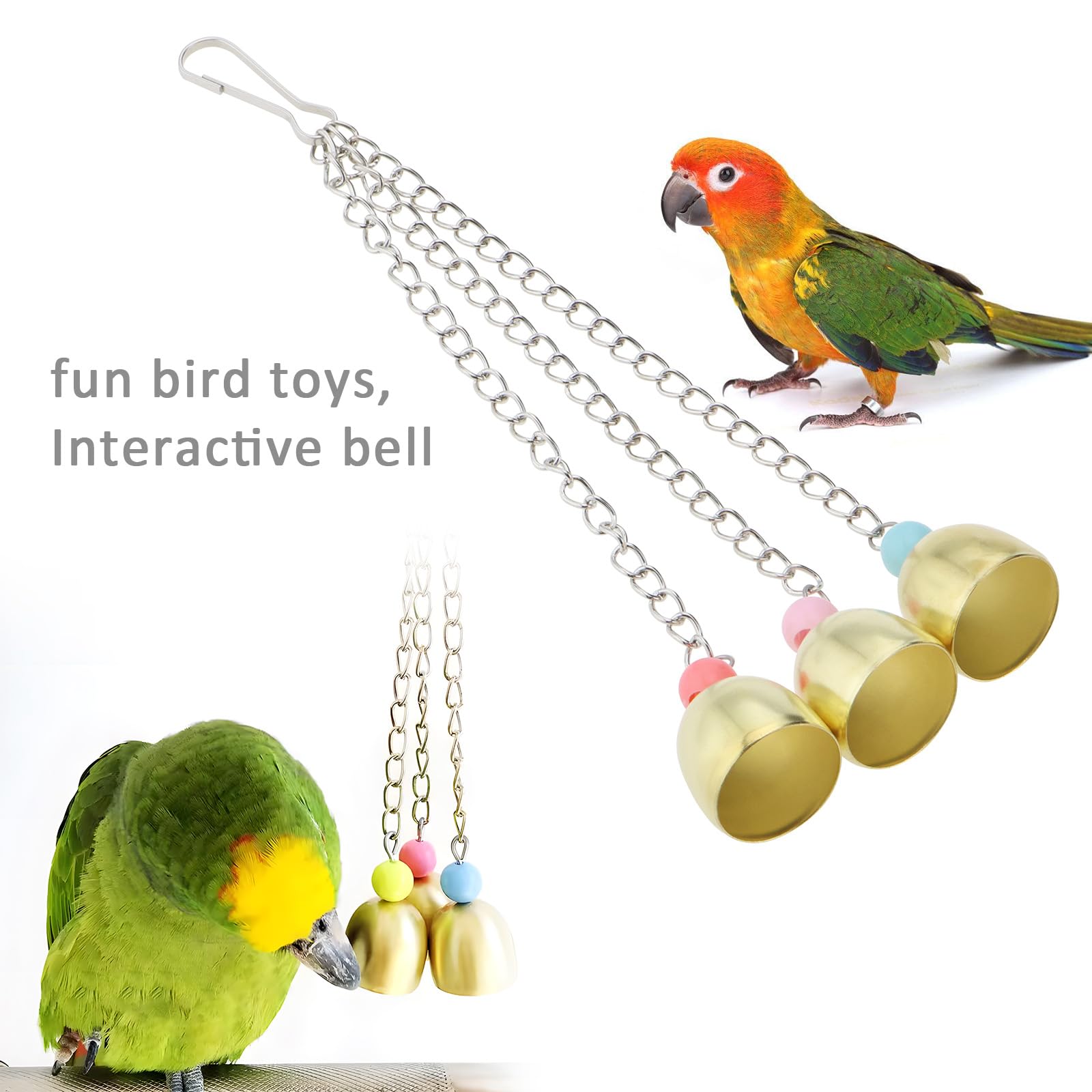 eMagTech 3PCS Parrot Alloy Bell Toys Bird Interactive Chain Metal Bell Toy for Cockatiels Conures and Lovebirds Hanging Bell Bird Activity Stand 23.5cm