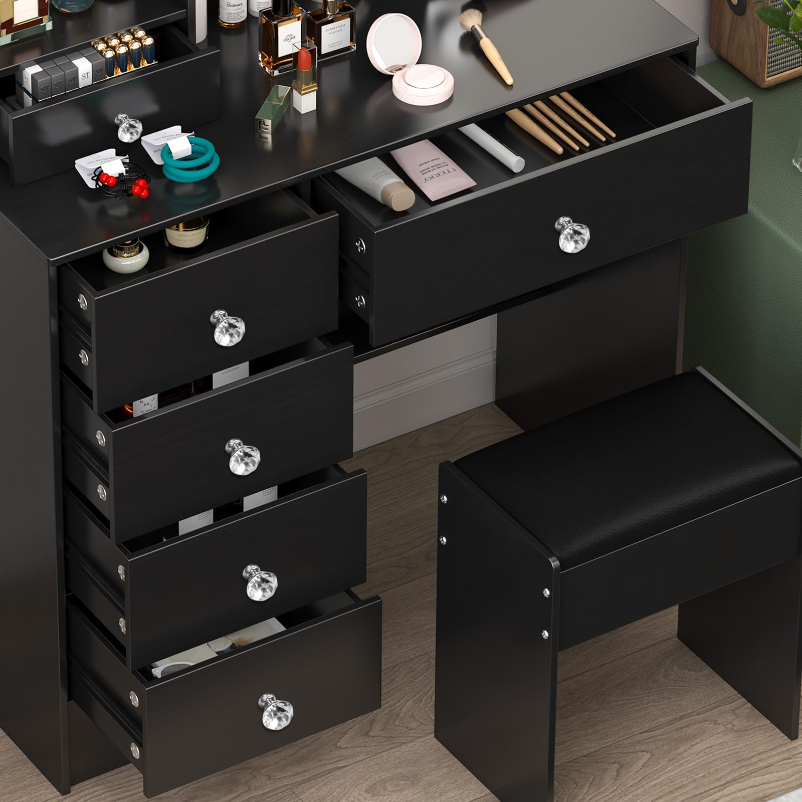 Schminktisch mit Beleuchtung, Einstellbarer Helligkeit, Make Up Tisch mit Schiebespiegel, Kosmetiktisch mit 6 Schubladen und 6 Regalen, Frisiertisch mit Hocker Schwarz 36x80x131cm, H010630