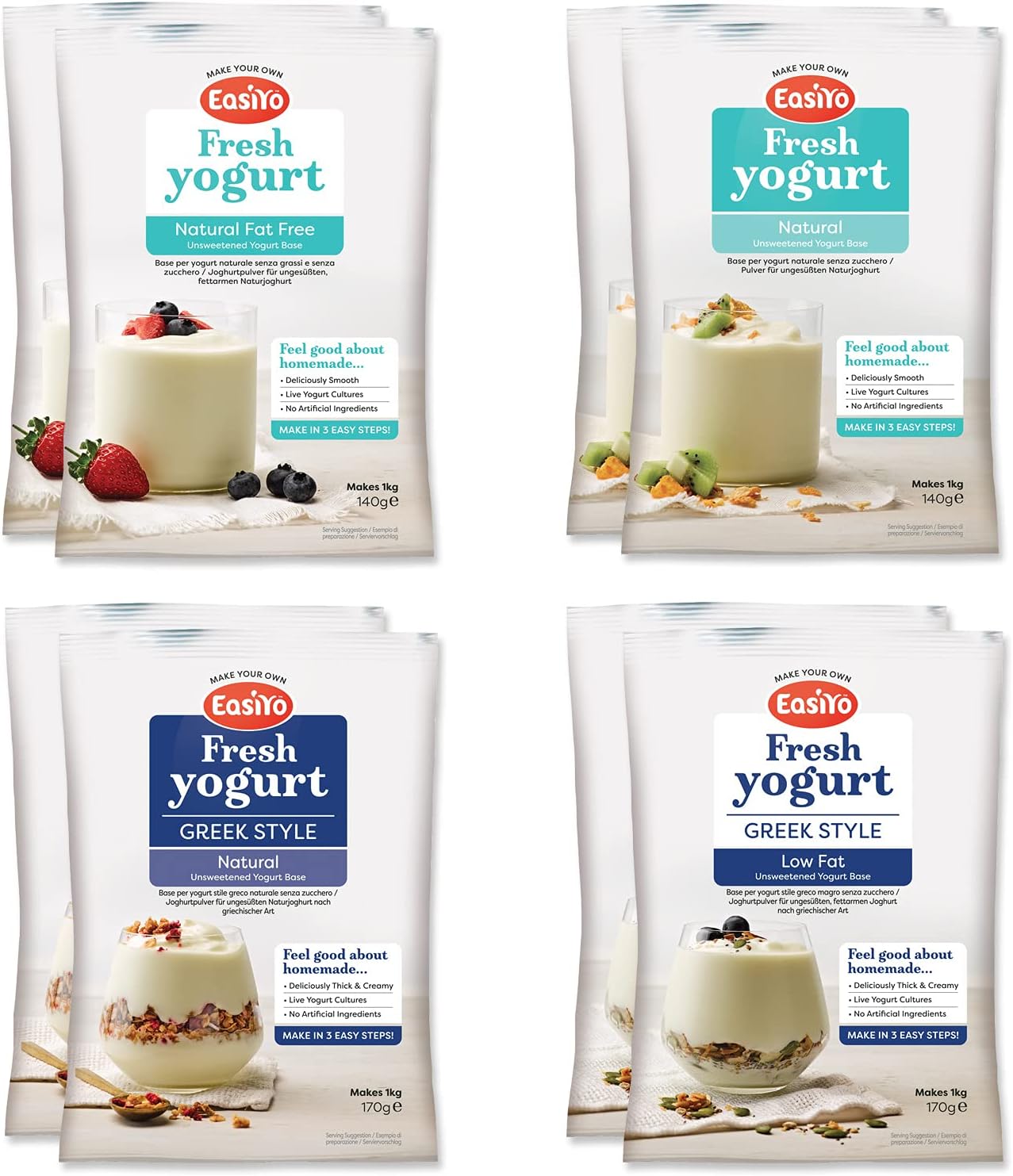EasiYo Yogurt 8 Sachet Pack | EasiYo Classic Variety Pack | 2 x Greek Style Natural 2 x Low Fat Greek Style 2 x Natural 2 x Fat Free Natural | Each Sachet Makes 1kg of Yogurt