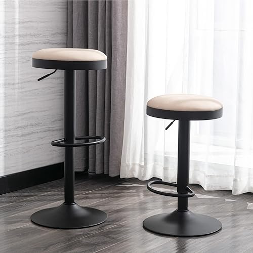 Miniatura 7 de LukeAlon Juego de 2 taburetes de bar vintage de piel sintética, taburetes de mostrador ajustables en altura del asiento con base de metal negro,
