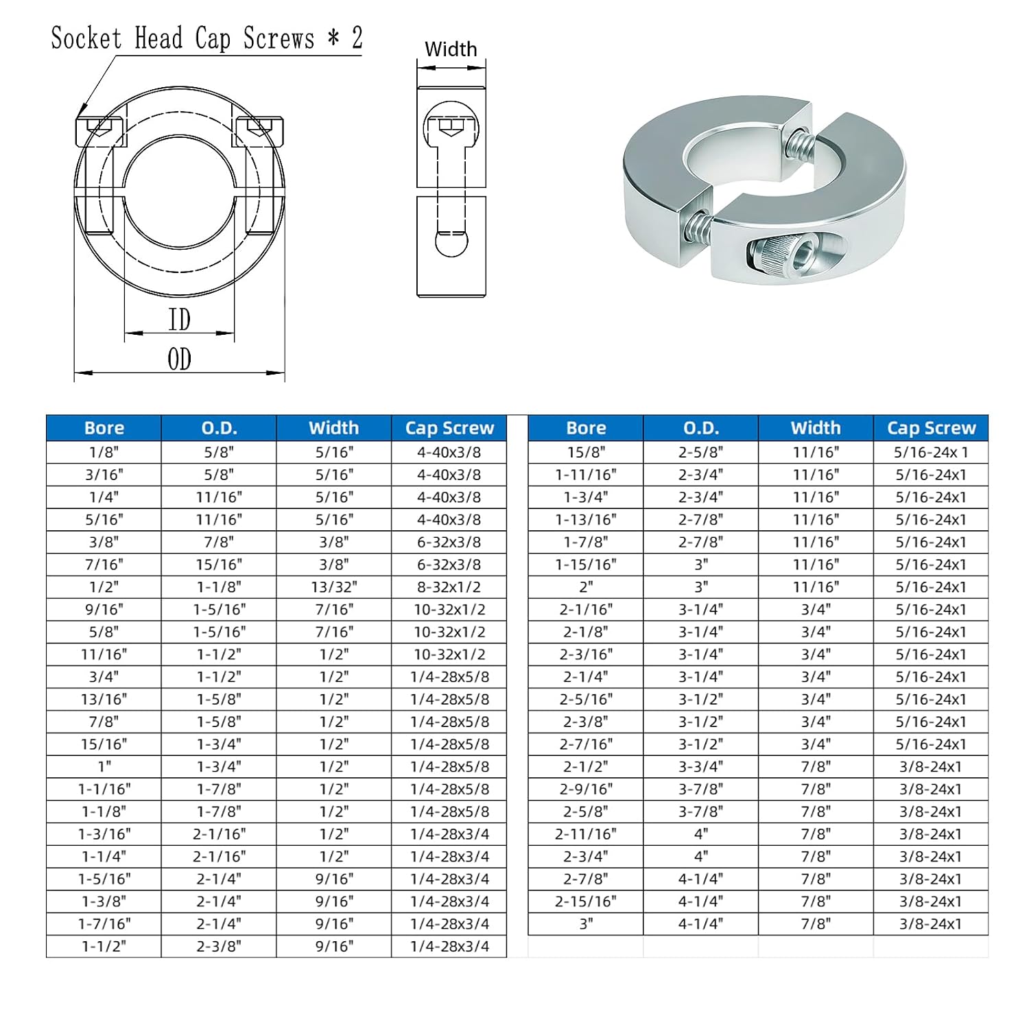 (Pack of 4) 5/8" Bore Zinc Plated Shaft Collar, Double Split Clamp-On Style, 1-5/16" OD, 7/16" Thickness, with M4 Set Screws