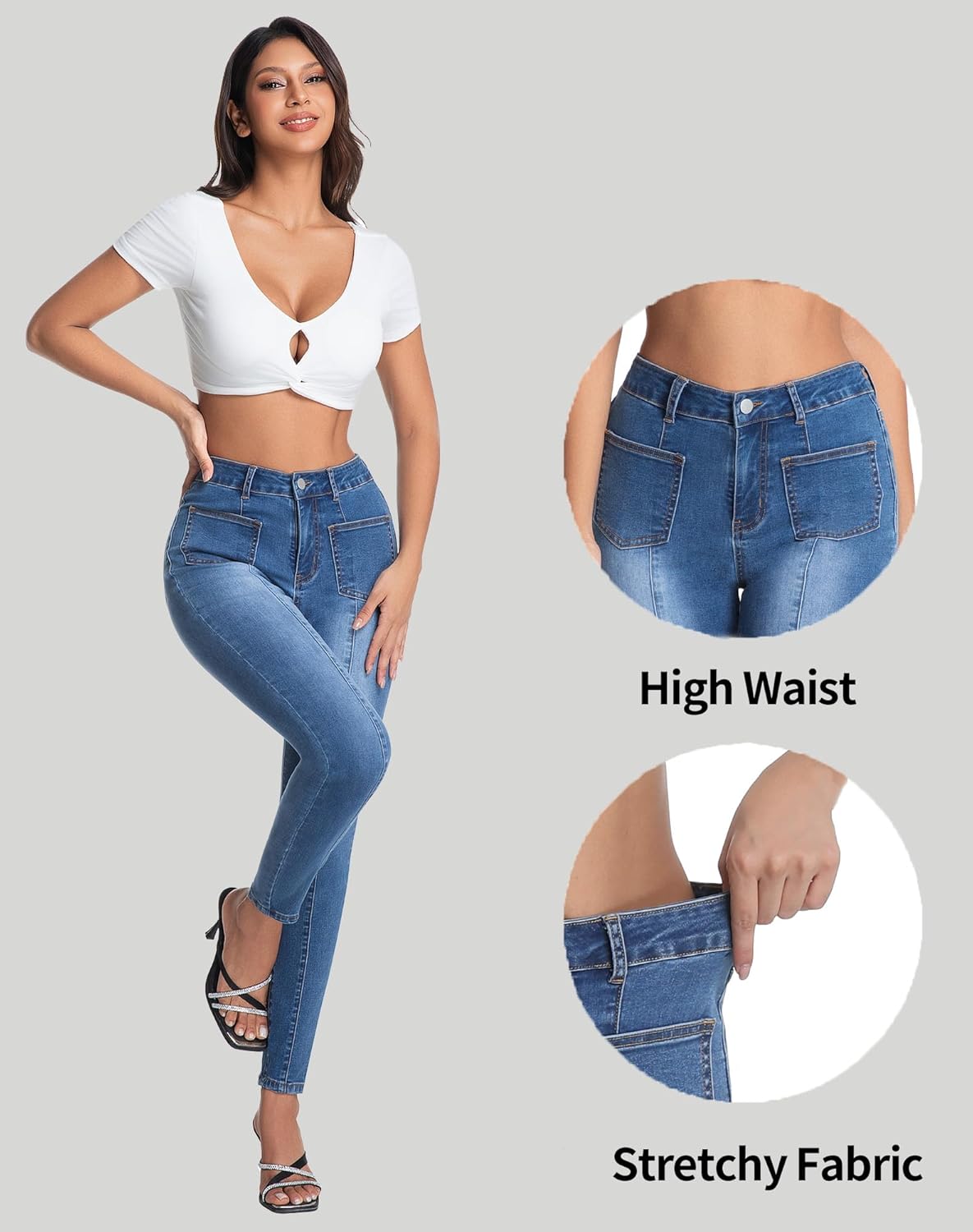 High Waisted Tummy Control Skinny Jeans for Women Stretchy Denim Jeggings with Front Seam - Image 5