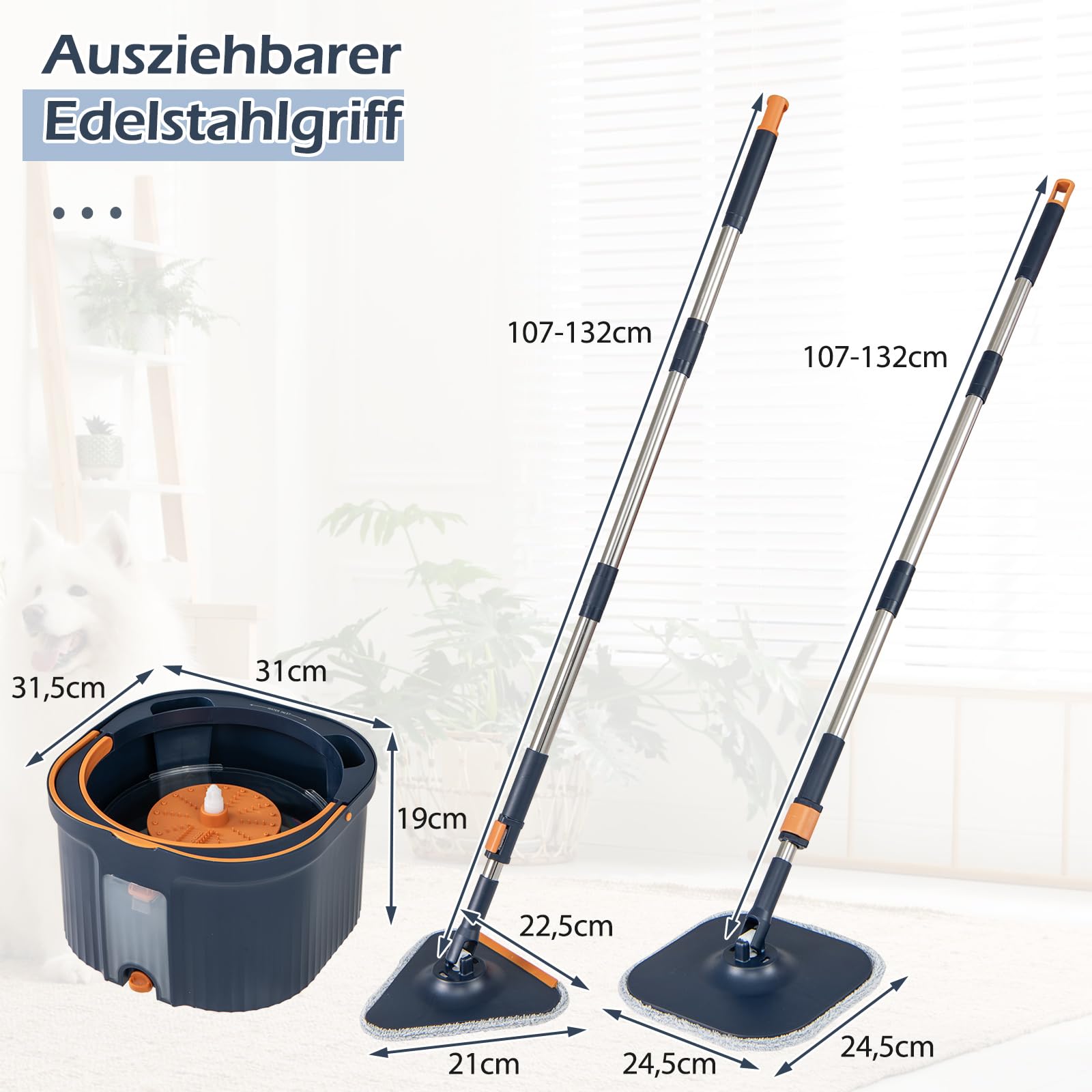 COSTWAY Mop i system wiadra z funkcją wykręcania, separacja ścieków, obrotowa głowica mopa 360° i 2 podkładki z mikrofibry, płaska wycieraczka podłogowa do czyszczenia na mokro i sucho (niebieski)