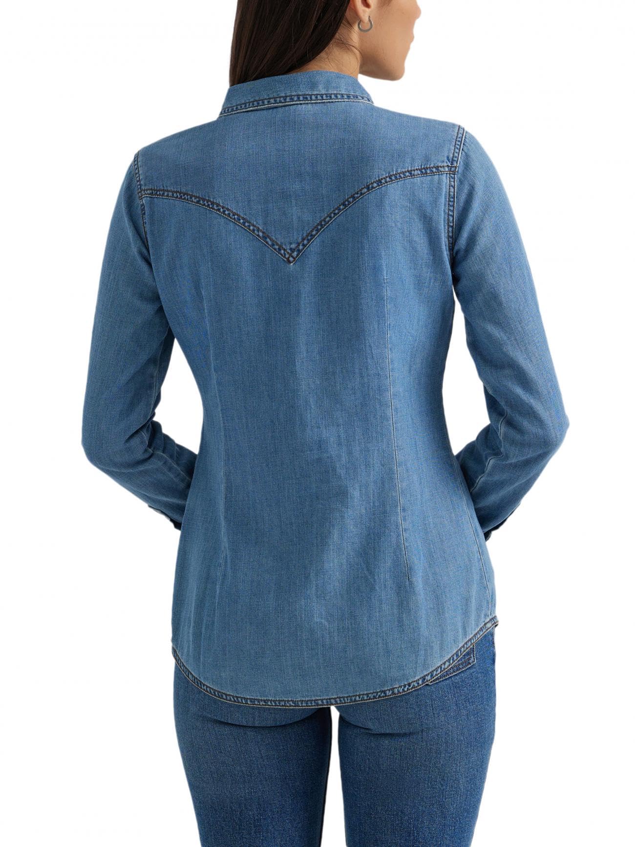 Wrangler Damska koszula retro z długim rękawem Western Denim Snap, Średni dżins, M