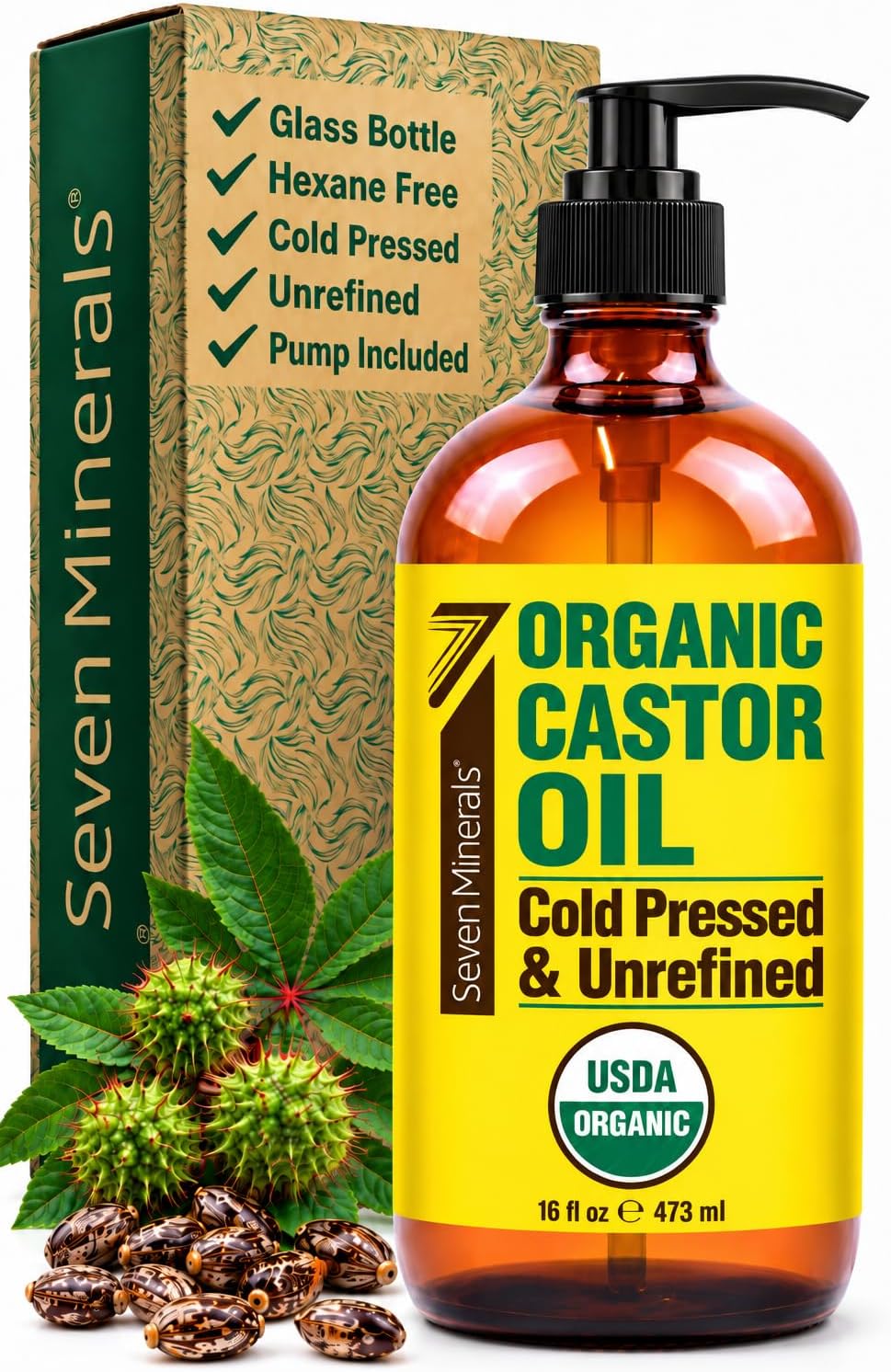 Seven Minerals New 16 fl oz Glass Bottle Castor Oil Organic Cold Pressed Unrefined Glass Bottle Pack - 100% Pure USDA Certified Organic Hexane Free