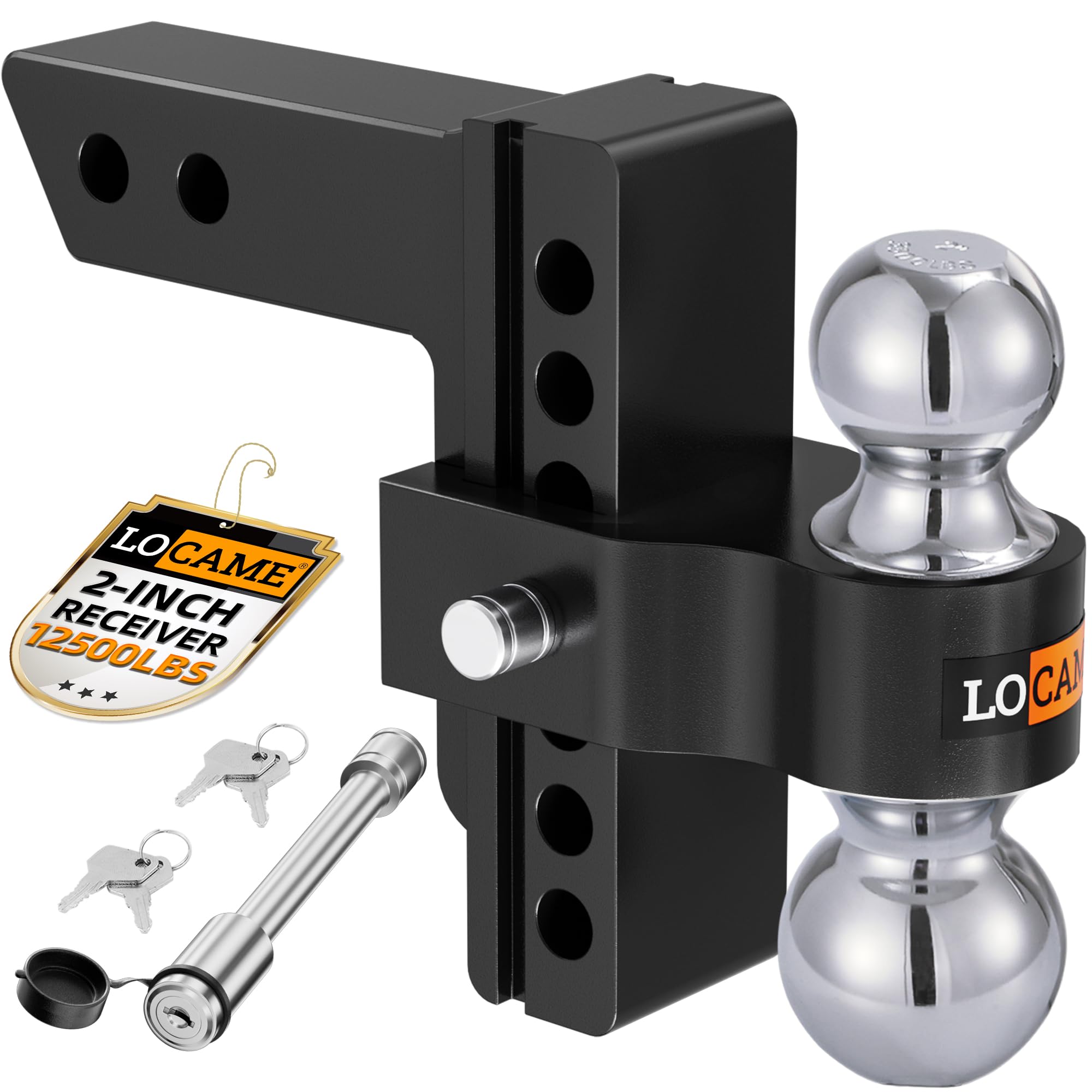 LOCAME Adjustable Trailer Hitch, Fits 2-Inch Receiver, 6-Inch Drop/Rise Aluminum Drop Hitch,12,500 LBS GTW-Tow Hitch for Heavy Duty Truck with Double Stainless Steel Locks, Black, LC0024