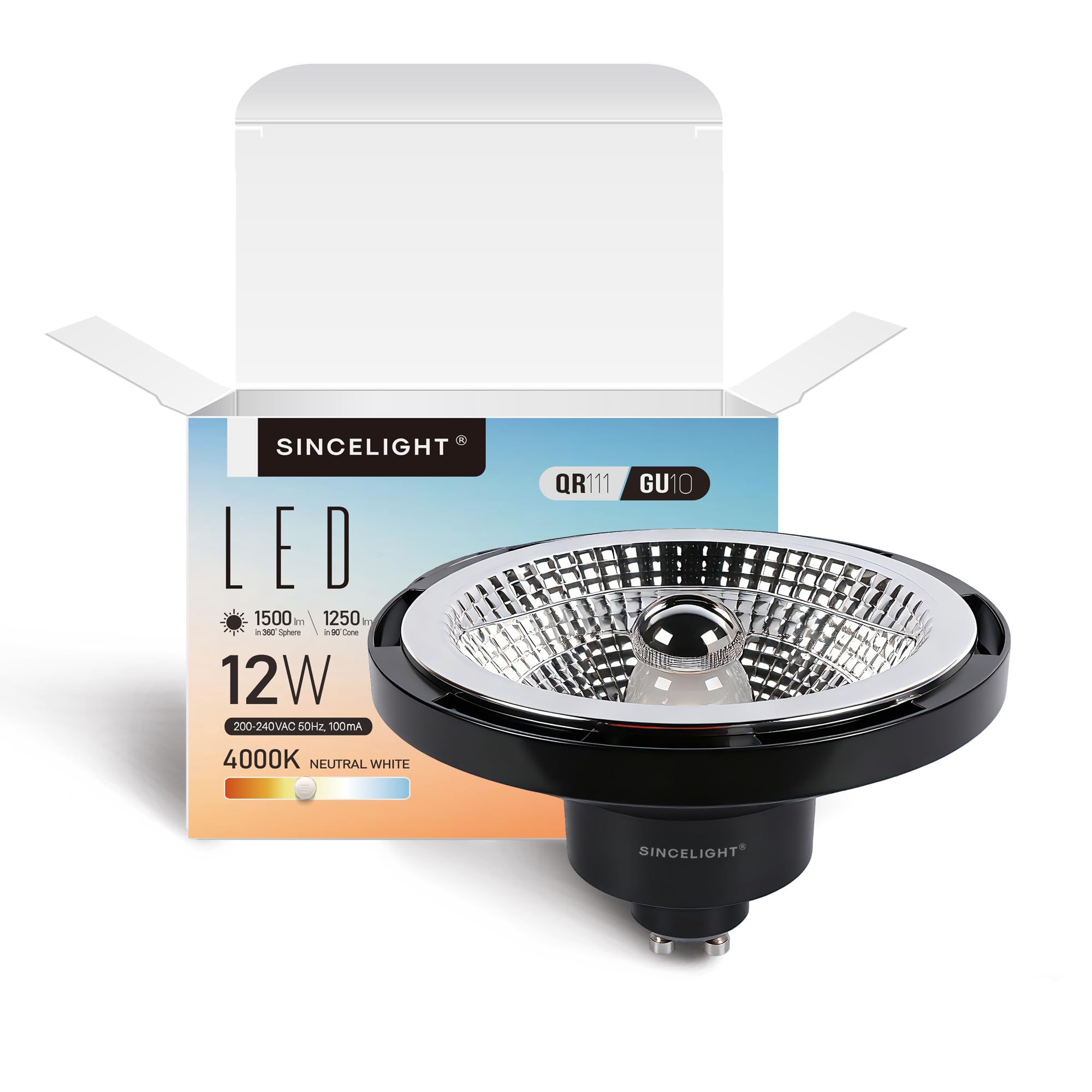 SINCELIGHT GU10 LED Light Bulbs, 12W QR111 Reflector, Professional Anti-Glare AR111 Spotlight, 45 Degree Beam Angle, Neutral White 4000K, Pack of 1