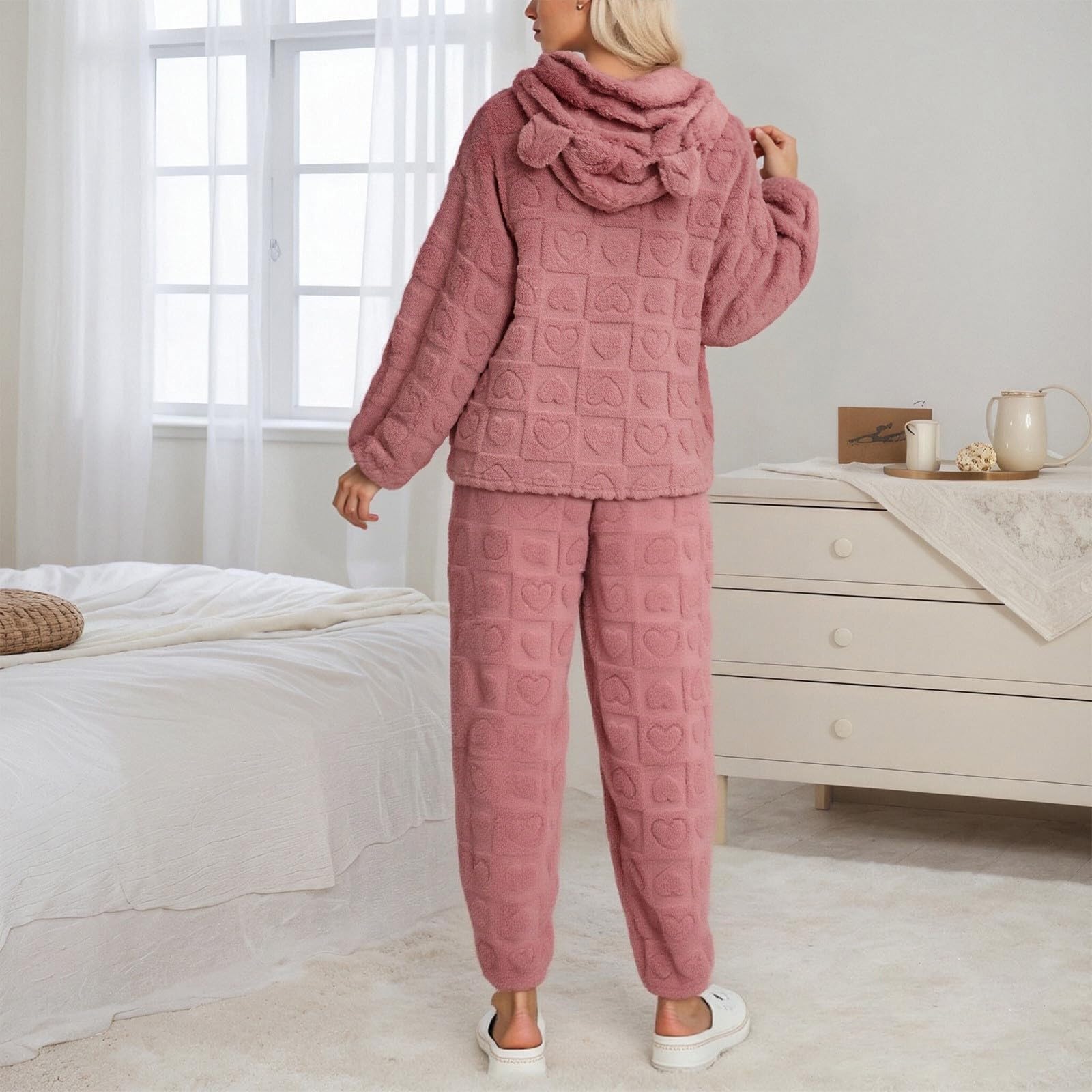 Generisch Pijama largo de franela para mujer, con forro polar, térmico, de manga larga, de rizo, de dos piezas, ropa de dormir cómoda con orejas adorables