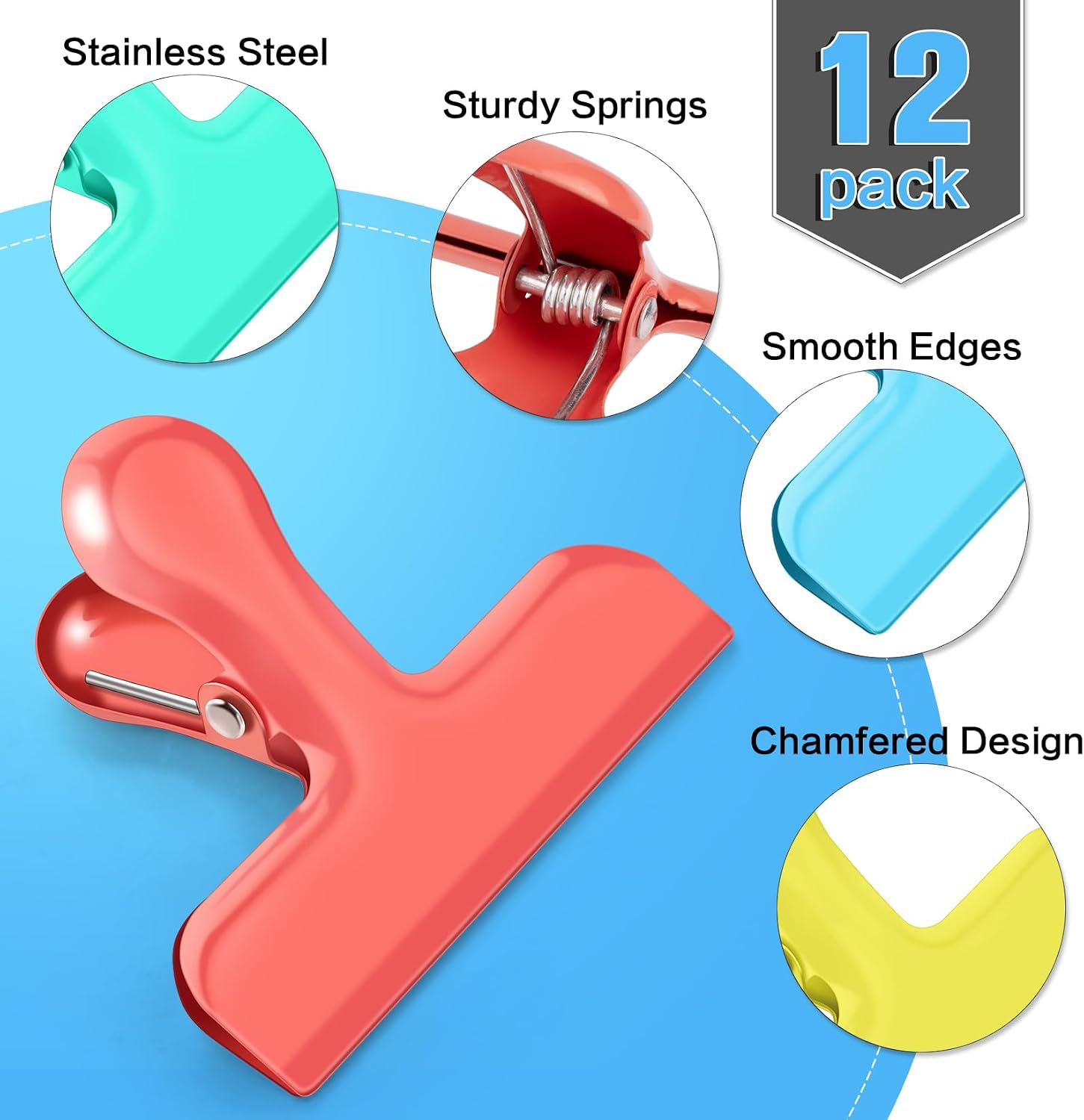 Chip Bag Clips, 12 Pack Heavy Duty Chip Clips & Food Clip, Air Tight Seal Bag Clip for Kitchen and Office to Seal Coffee Bags, Paper Sheets (Multi-Color) image 3