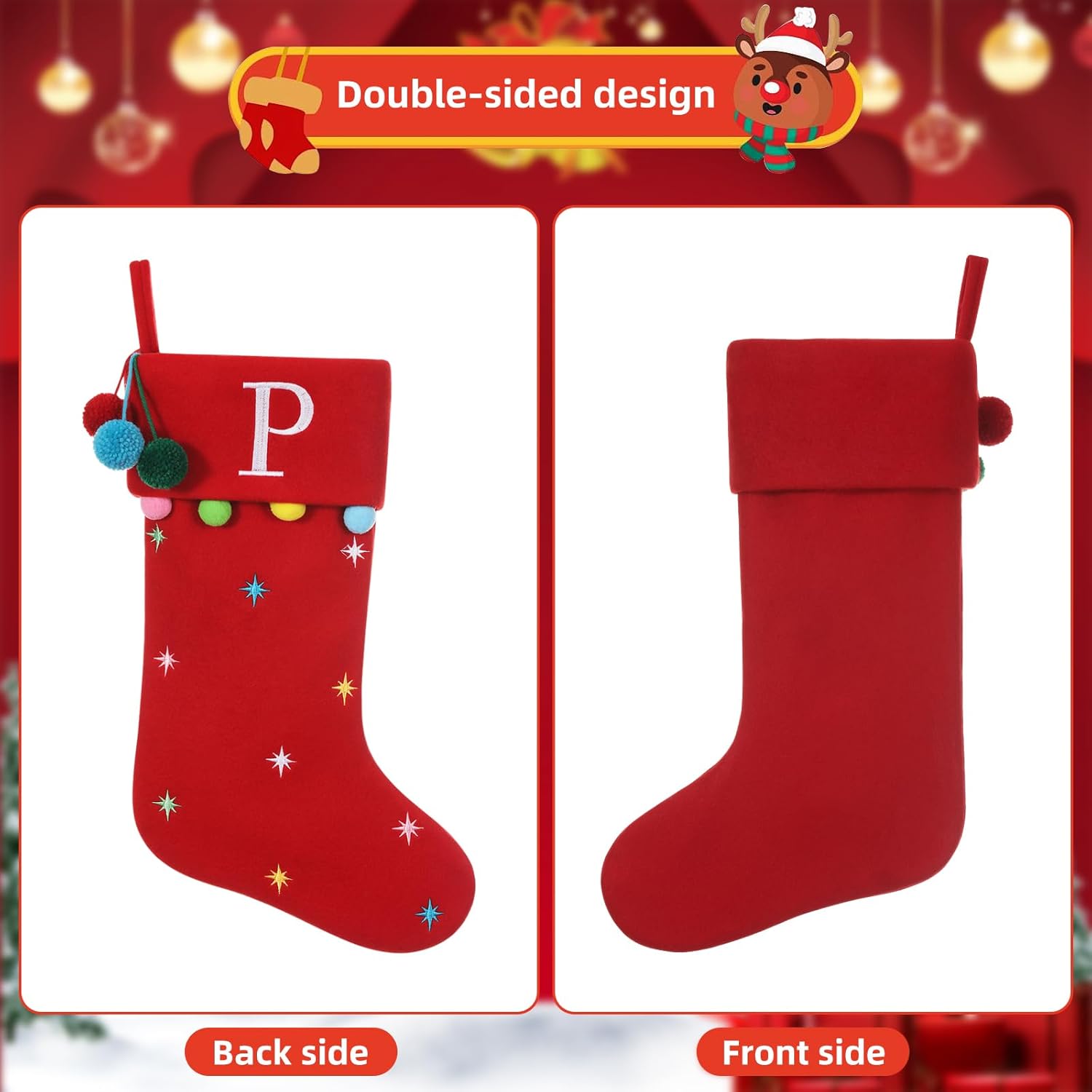 19.5 Inches Initial Monogram Red Christmas Stocking Personalized, Embroidered Letter Fleece Christmas Stocking with pom poms Decoration for Family Christmas Holiday Party Decor-A - Image 6