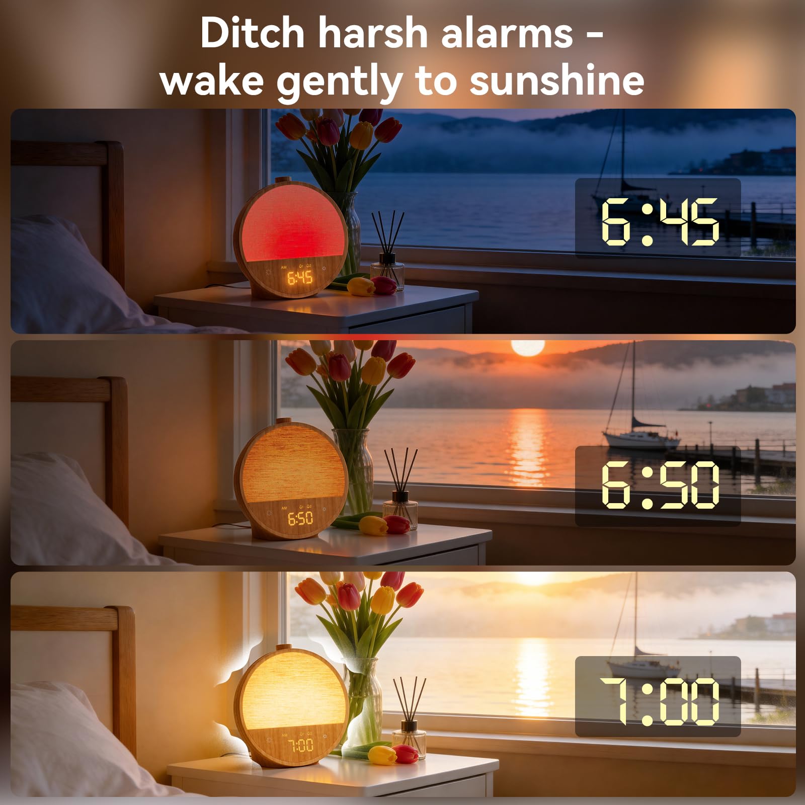 blonbar - Despertador con luz y simulación de amanecer, lámpara de cabecera con 10 sonidos naturales y 10 sonidos blancos, lámpara de mesa con luz ambiente RGB, despertador suave para dormitorio