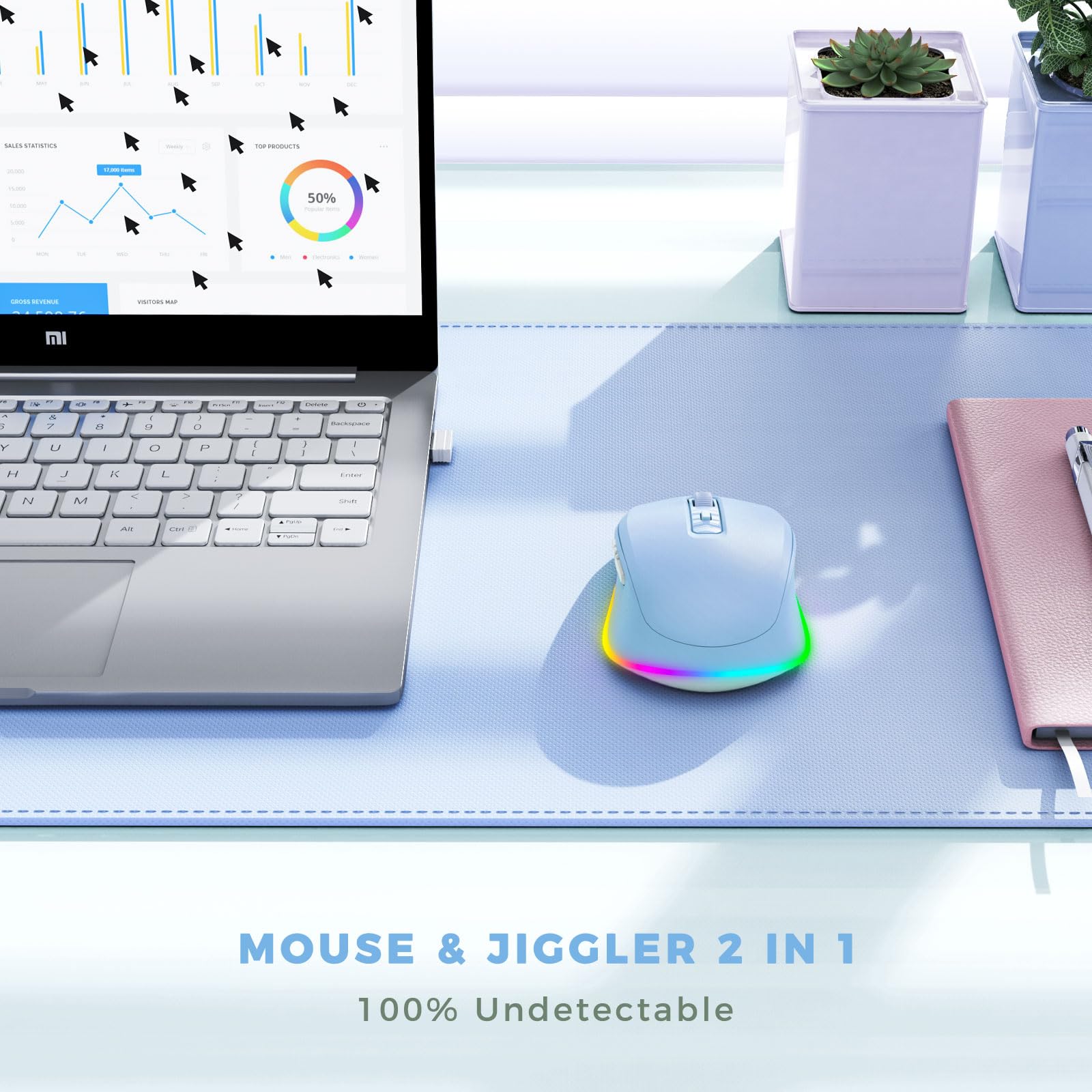 PEIOUS Jiggler - Mouse senza fili con scritta "Keep Computers Awake", colore: Azzurro | Mouse LED ricaricabile, clic silenziosi, DPI regolabile e movimento casuale per tenere il computer sveglio per laptop/PC/Mac