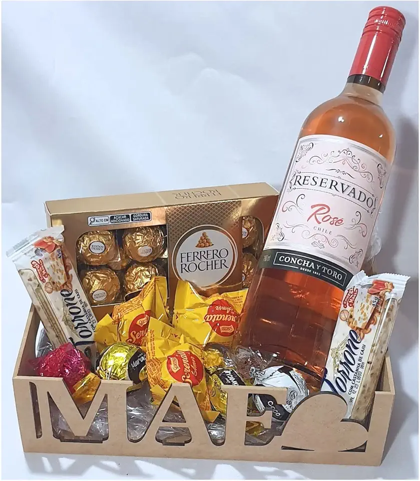 Cesta de Chocolates e Vinho para Presente Mãe, Dia Das Mães, Aniversário Mãe