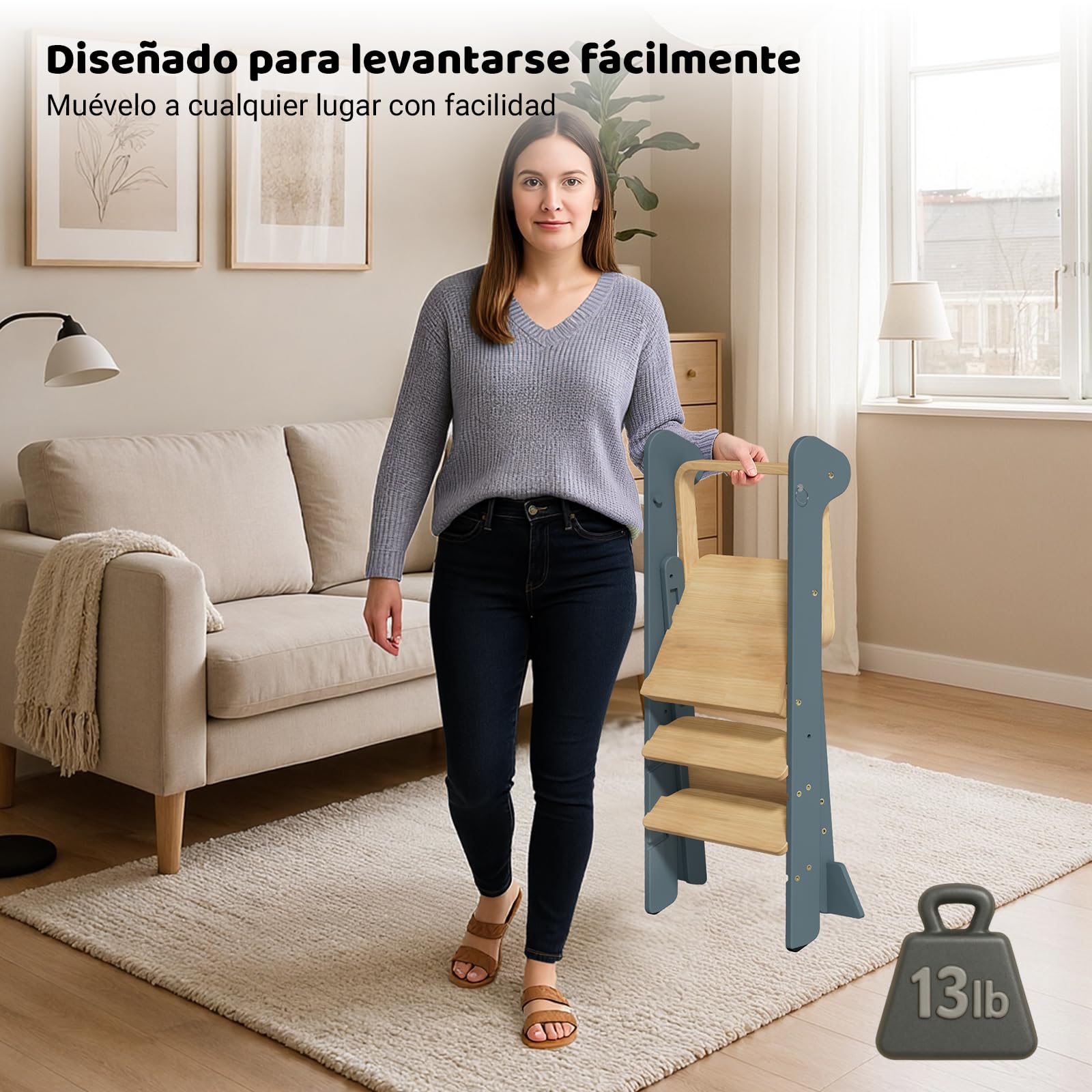 COSYLAND Torre de Aprendizaje Montessori de Madera Plegable Desde 1 Año – Ganadora del Premio iF Design, con Red de Seguridad y Altura Ajustable, Ideal para Cocina y Baño (Azul Pizarra y Natural)