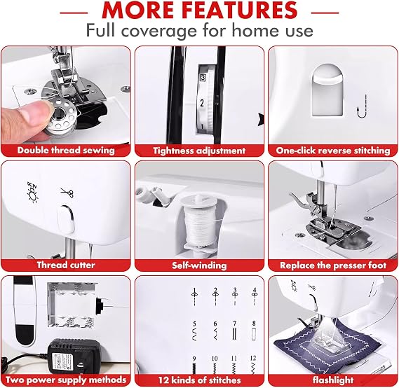 Sewing Machine for Beginners, Portable Mini Sewing Machine, 12 Built-In Stitches and Adjustable Speed with Replaceable Presser Feet and Two Power Supply Methods (110V)