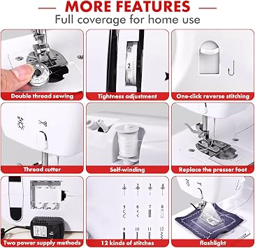 Sewing Machine for Beginners, Portable Mini Sewing Machine, 12 Built-In Stitches and Adjustable Speed with Replaceable Presser Feet and Two Power Supply Methods (110V)