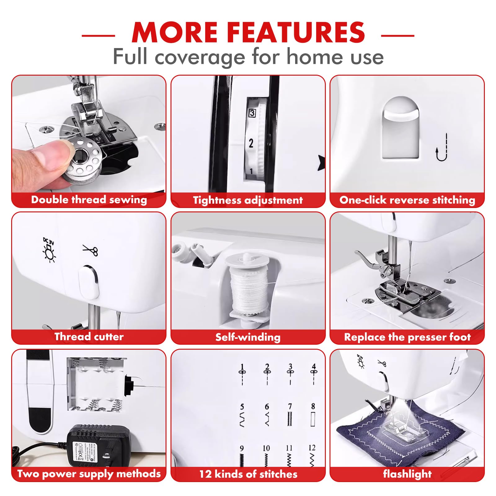 Sewing Machine for Beginners, Portable Mini Sewing Machine, 12 Built-In Stitches and Adjustable Speed with Replaceable Presser Feet and Two Power Supply Methods (110V)