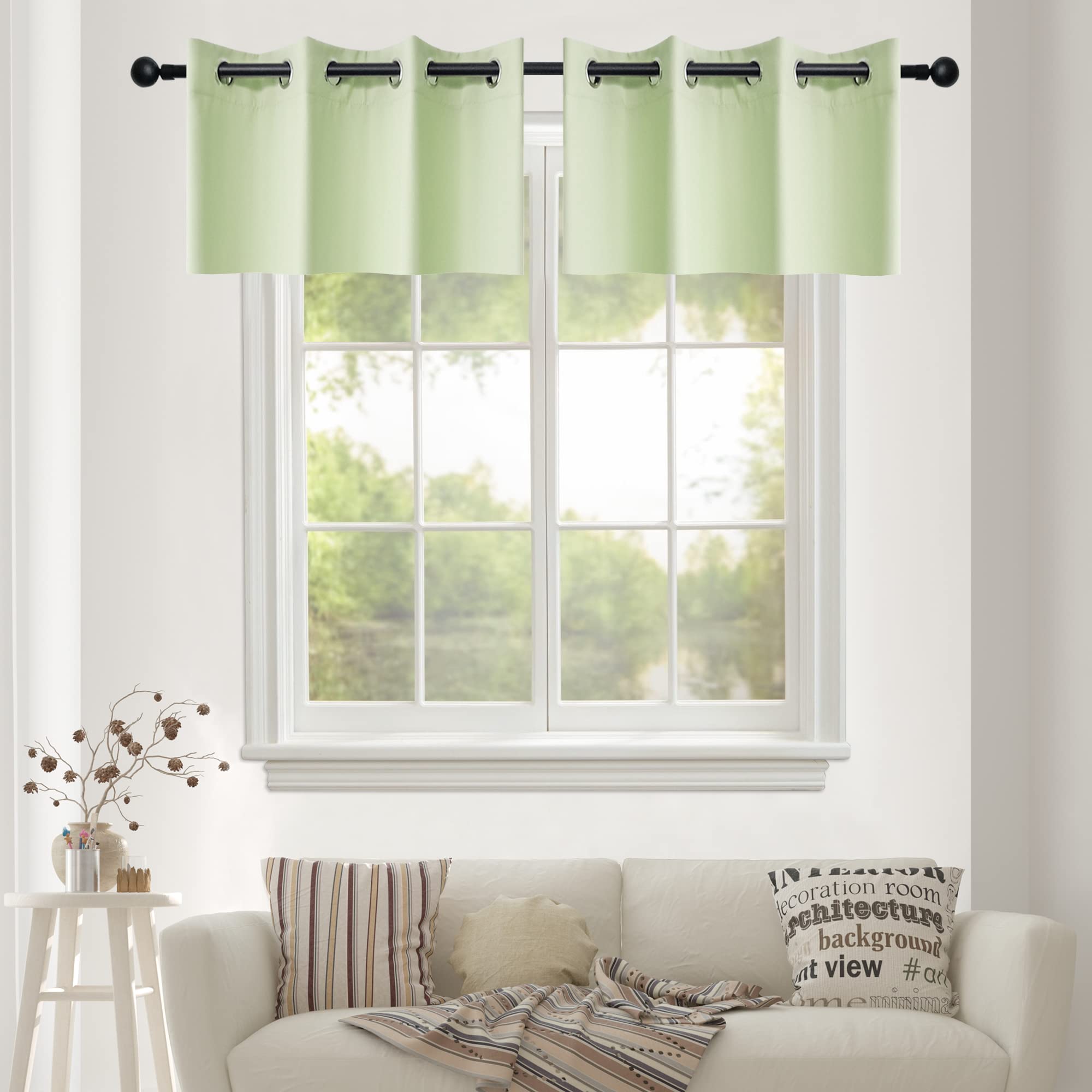 Cenefas opacas cortas verdes para ventanas pequeñas de baño y cocina, juego de 2 paneles YGO