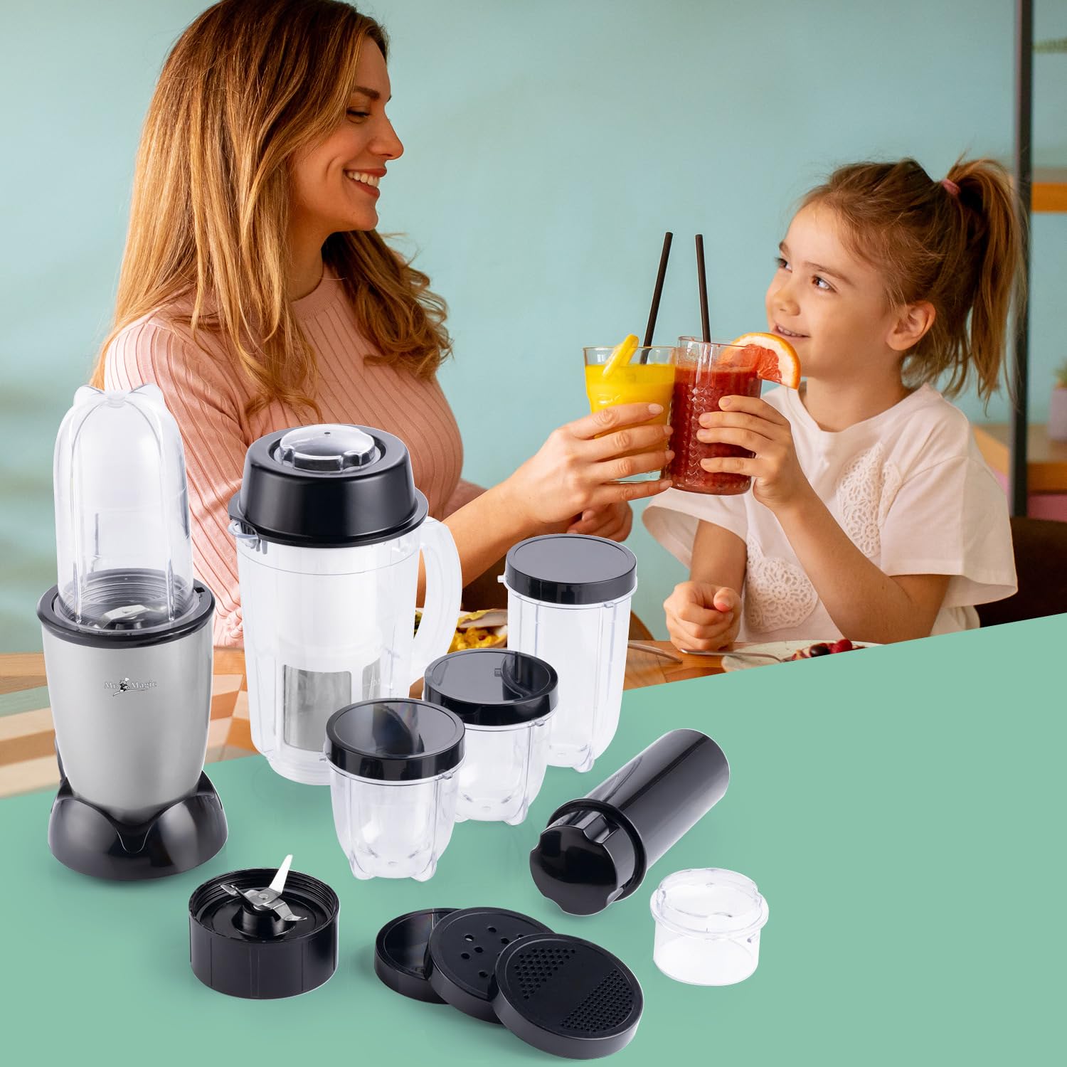 GOURMETmaxx Mr. Magic Mixer | Smoothie Maker z zestawem akcesoriów XXL | mikser stojący 18-częściowy | blender z pokrywkami utrzymującymi świeżość | Procesor do shake'ów, smoothies itp.