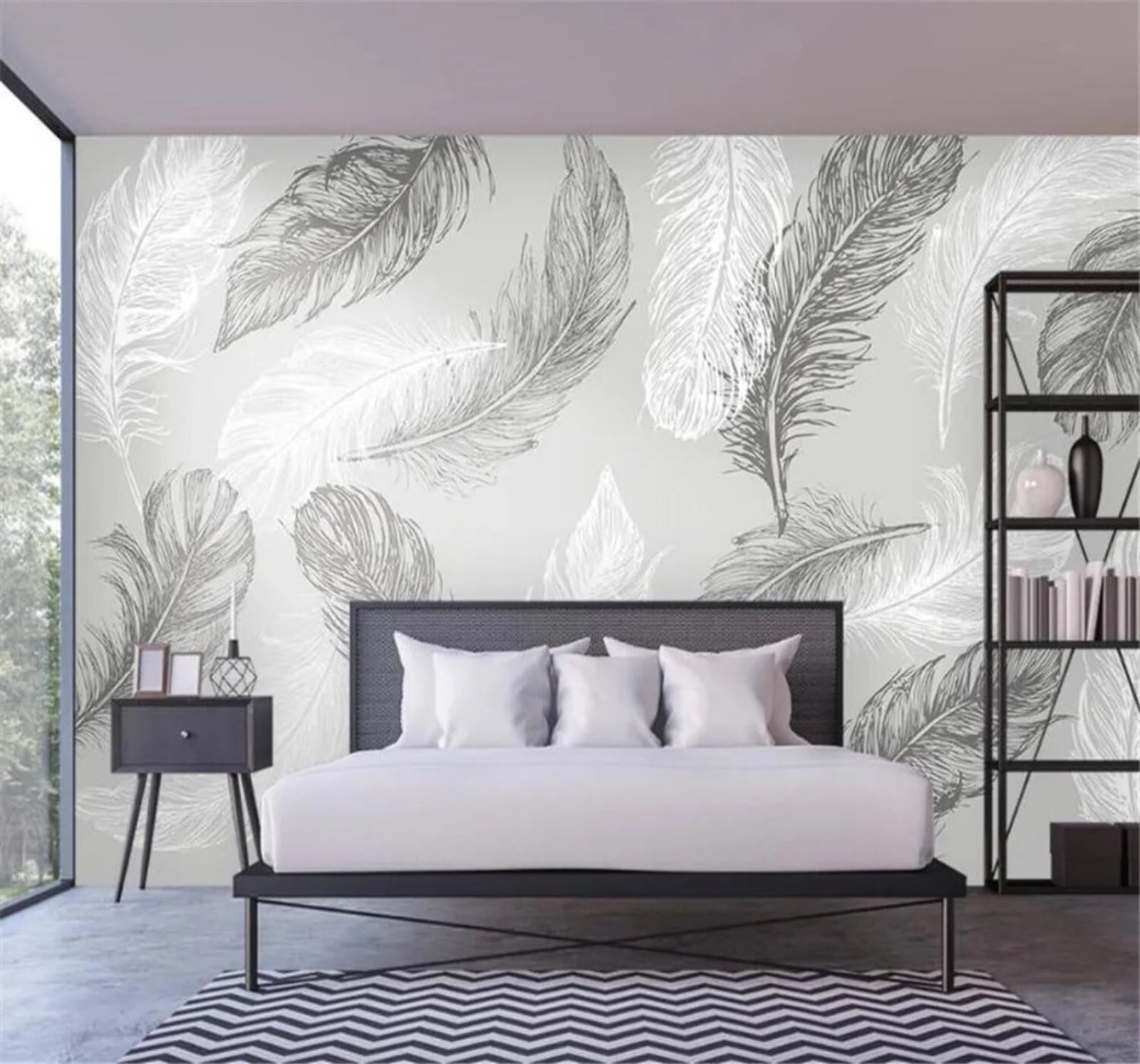 Tzxztt Minimalist Fresh Hand Drawn Black and White Feathers Modern 3D Wallpaper Premium Textured Silk Neutral Tones Material Ideal for Living Room Bedroom-350cm×256cm