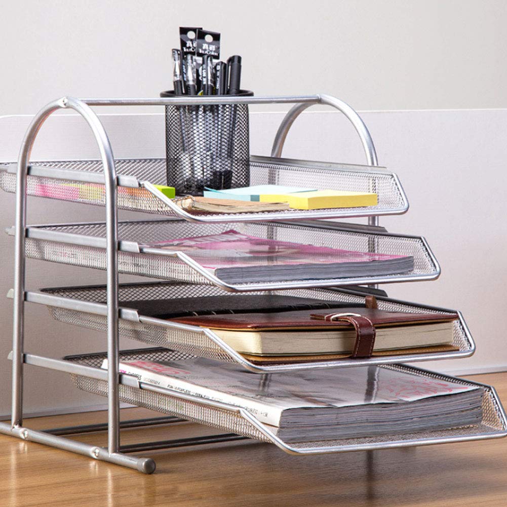 Vaschetta Portacorrispondenza Cassettiera File Organizer Modula a 4 Ripiani di Rete Metallica Nera Ufficio Organizer da Scrivanio, Vassoi Scorrevoli, Rete Metallica, Durevole,Nero