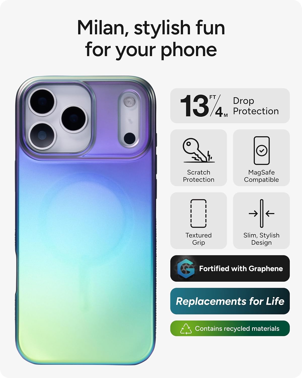 ZAGG Milan Snap Case for iPhone 17 Pro Max - Raven Feather, Graphene Strengthened Phone Case with Drop Protection (13ft/4m), Textured Edges & Sparkle Design, MagSafe Charging Compatible